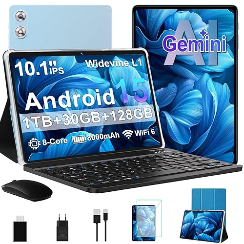 fezawio Tablet 10.1 Pulgadas Android 15 con Gemini AI, 30GB RAM 128GB ROM, Expandible hasta 1TB, Octa-Core, WiFi 6, Widevine L1, 8000mAh, Incluye Ratón, Teclado y Funda, Azul - Chollo en Informática