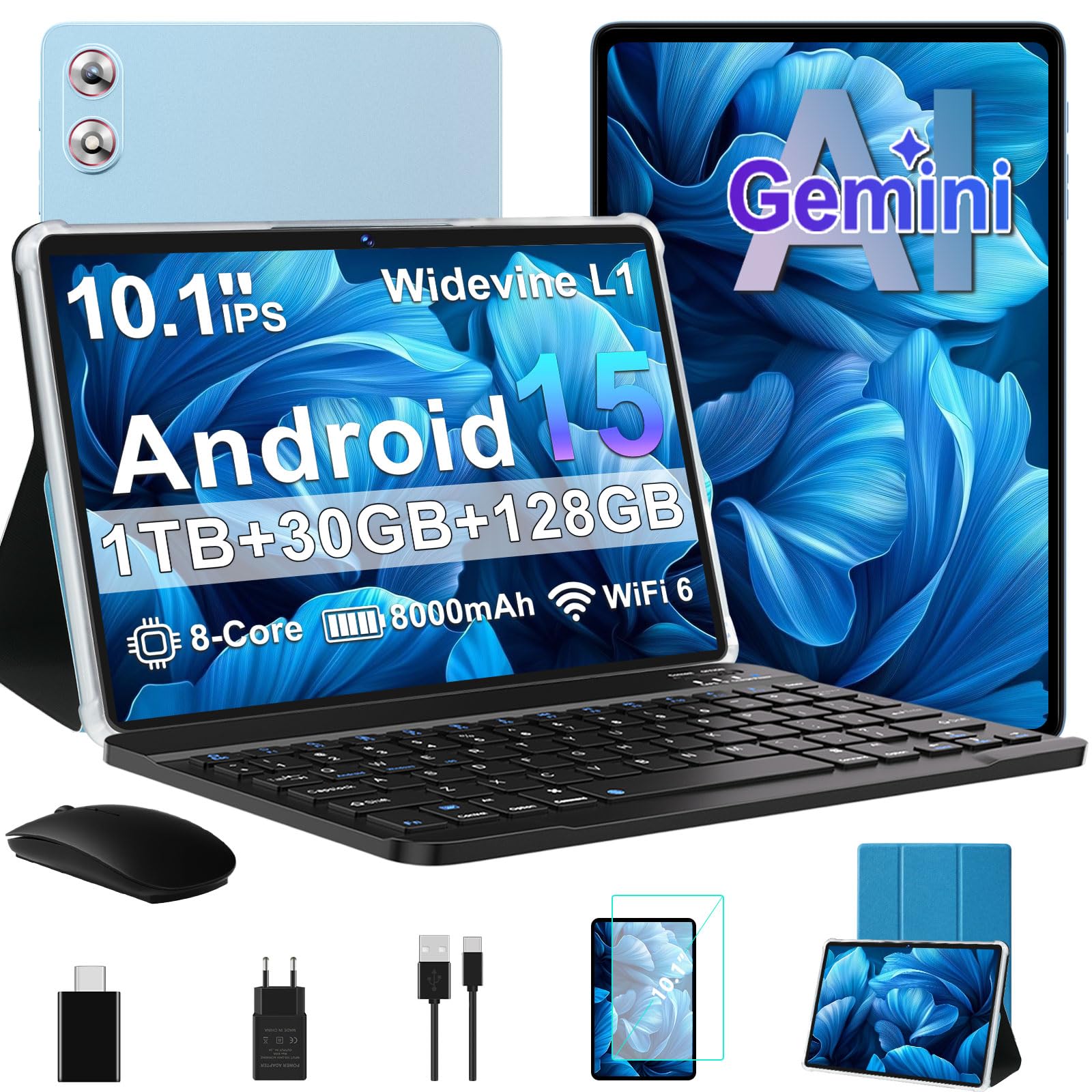 fezawio 10 Pulgadas Tablet Android 15, 30GB RAM+128GB (2TB TF) Octa-Core/Gemini AI/Widevine L1/5GWiFi6/8000mAh/5MP+8MP/Tablets con Teclado & Funda & Raton,Azul