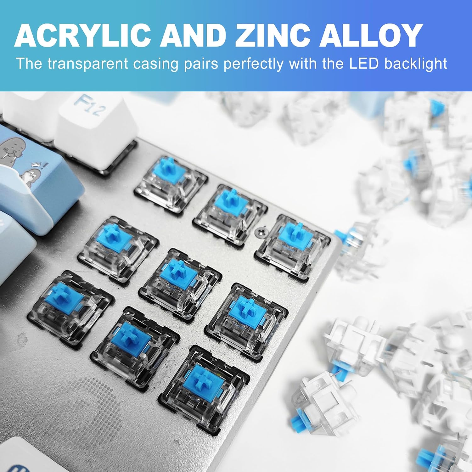 CoguZed 50 Pack Mechanical Keyboard Switches, 3-Pin Blue Clicky Tactile Key Switches, Pre-Lubricated Gaming Switches DIY Kit, Dustproof Transparent Keyswitches for Custom PC