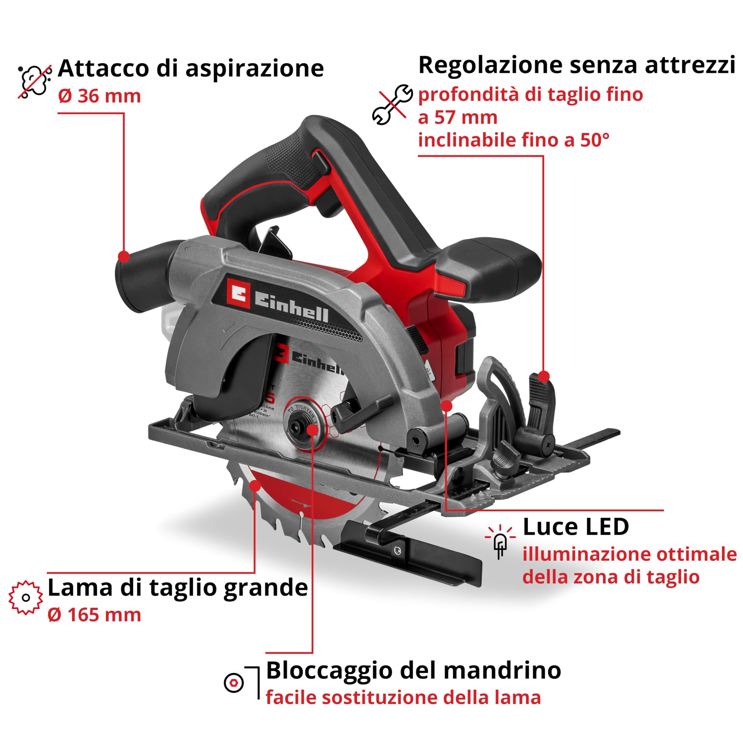 Einhell Professional Sega circolare TE-CS 18/165-2 Li - Solo Power X-Change (18 V, Ø 165 mm, lama, profondità di taglio 57 mm, installazione senza attrezzi, batteria esclusa)