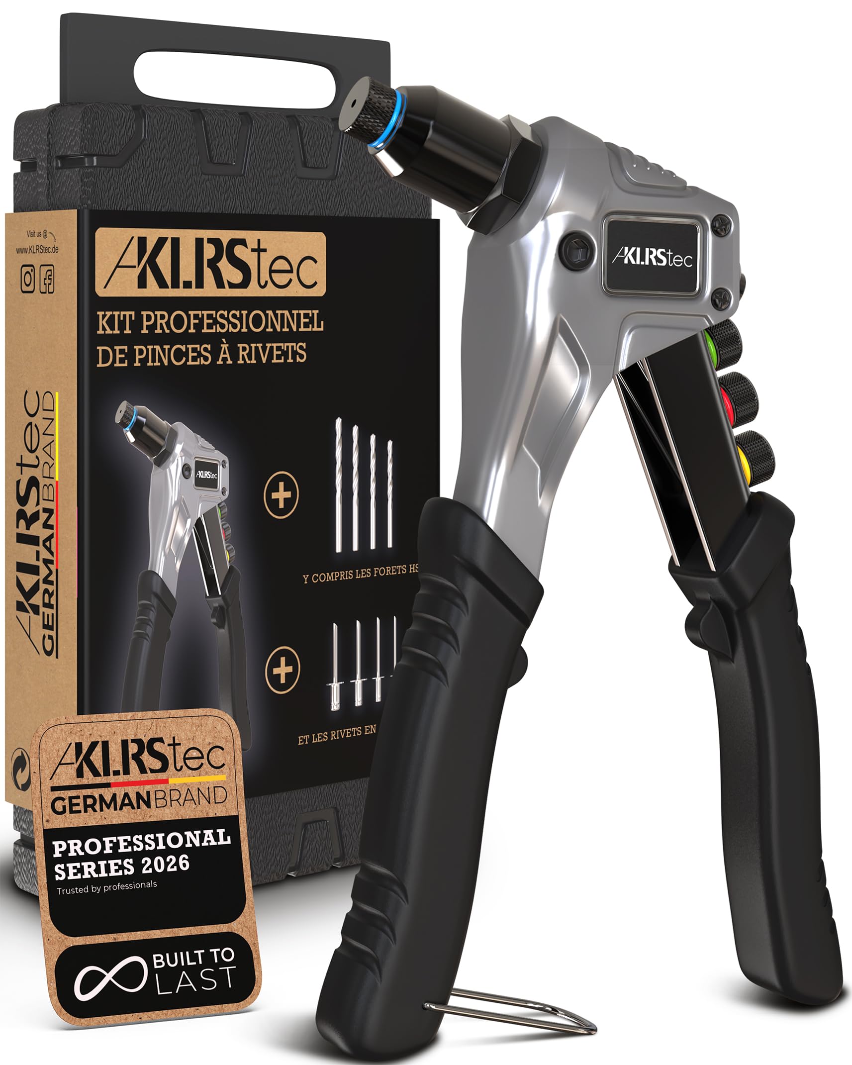 KLRStec® Kit professionnel de pinces à rivets, incluant 120 rivets et 4 perceuses de type HSS - Pince à rivets pop de haute qualité pour la pose de rivets aveugles