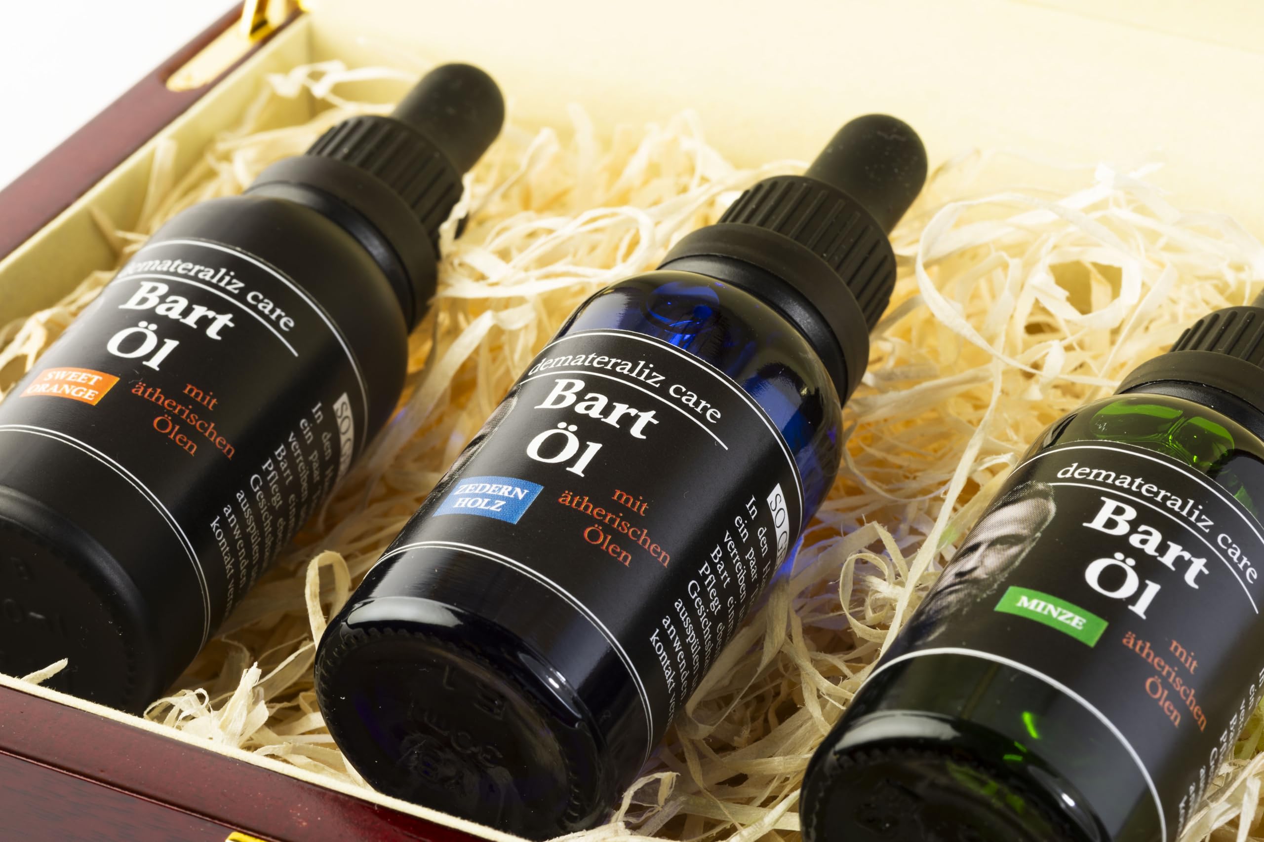 Bartöl Geschenkset, 3 Düfte (Sweet Orange, Minze, Zedernholz), Luxus-Holzbox