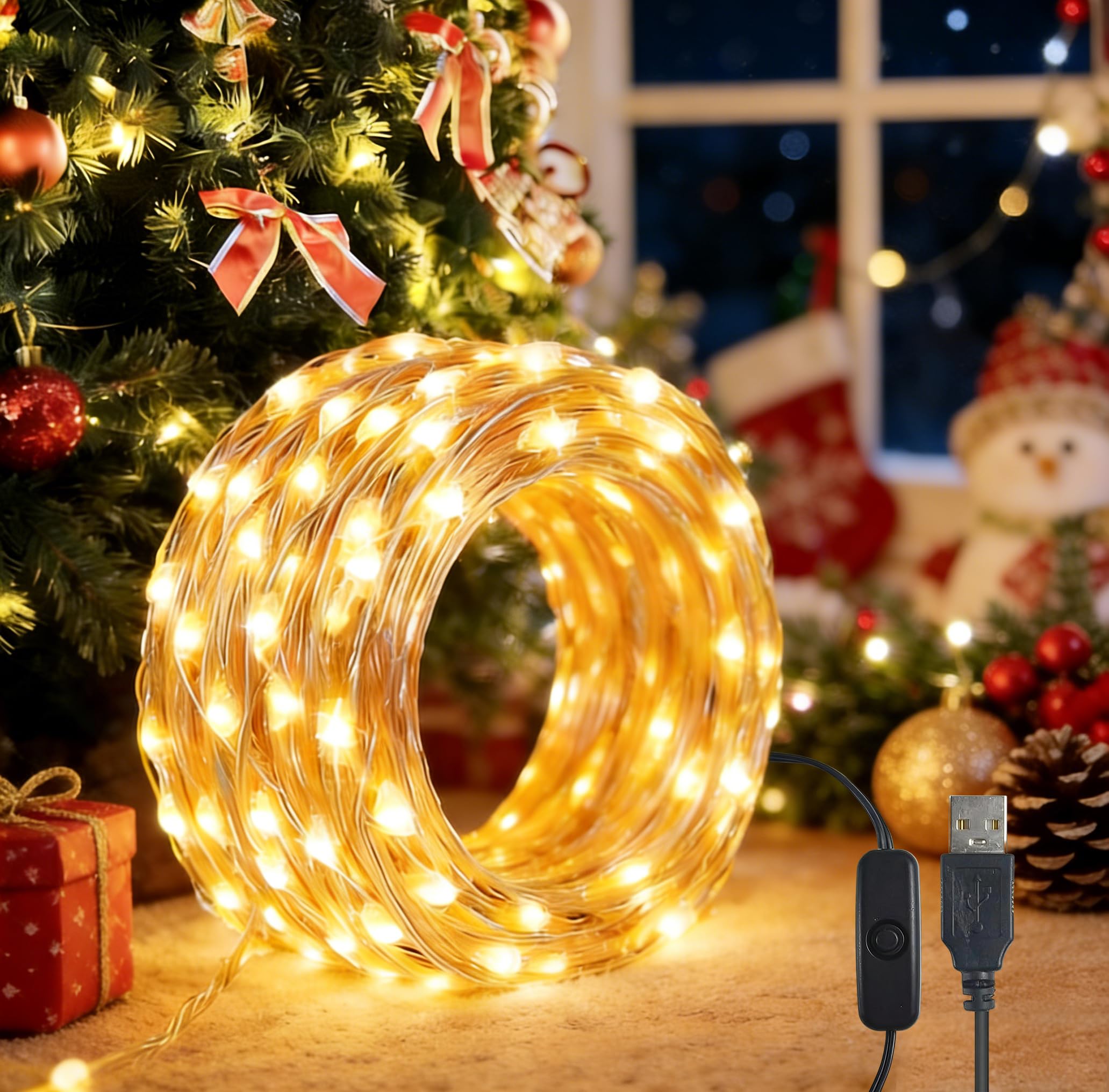 YIFMOO LED Lichterkette USB, 10M 100LED Wasserdicht Draht lichterkette mit Schalter, Micro Kupferdraht Lichterkette Außen und Innen für DIY Weihnachten, Zimmer, Party, Hochzeit Deko, Warmweiß(2 Stück)