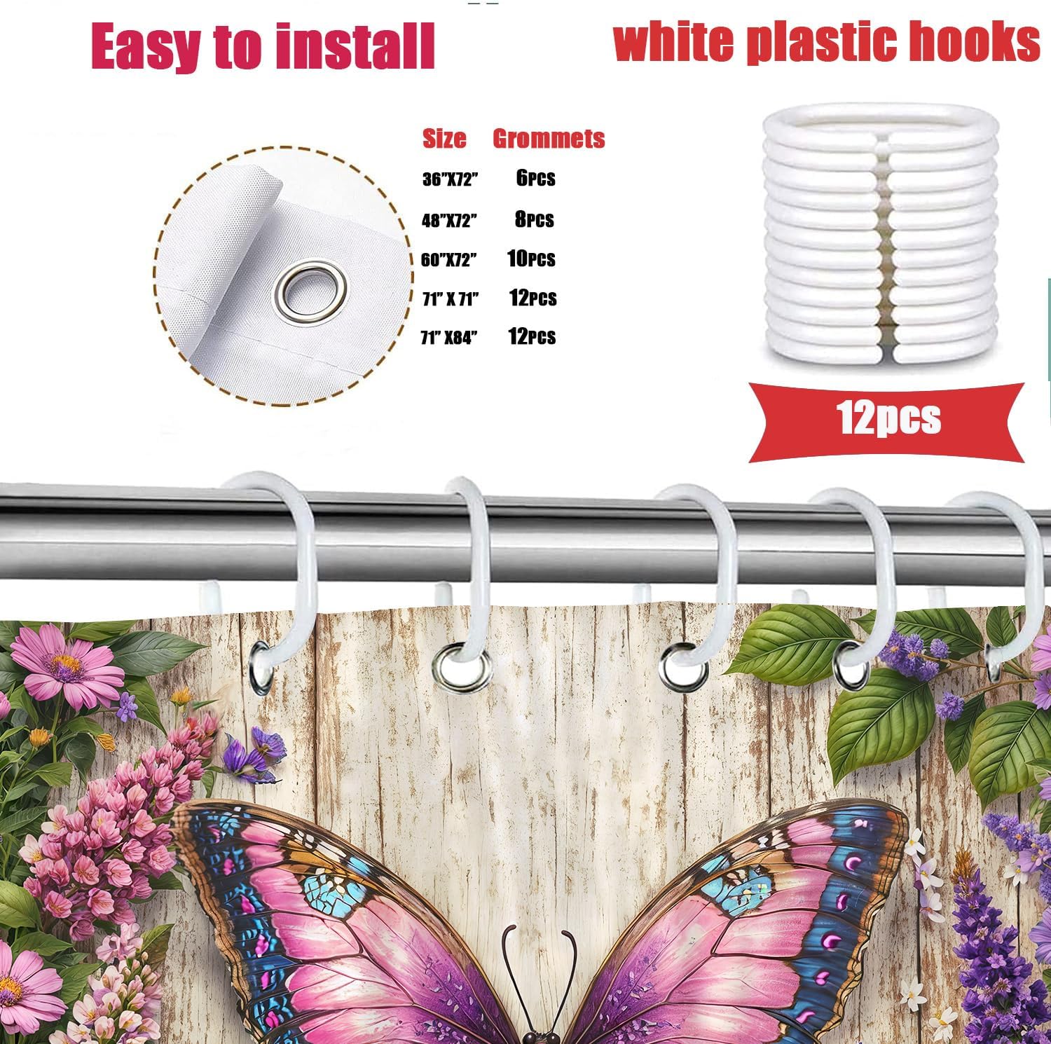 Purple Floral Butterfly Shower Curtain，Spring Lavender Vintage Flowers, Boho Pink Blue Wildflower Farmhous Cute Shower Curtain Set,Polyester Waterproof 12 Pack Hooks 71x84inch