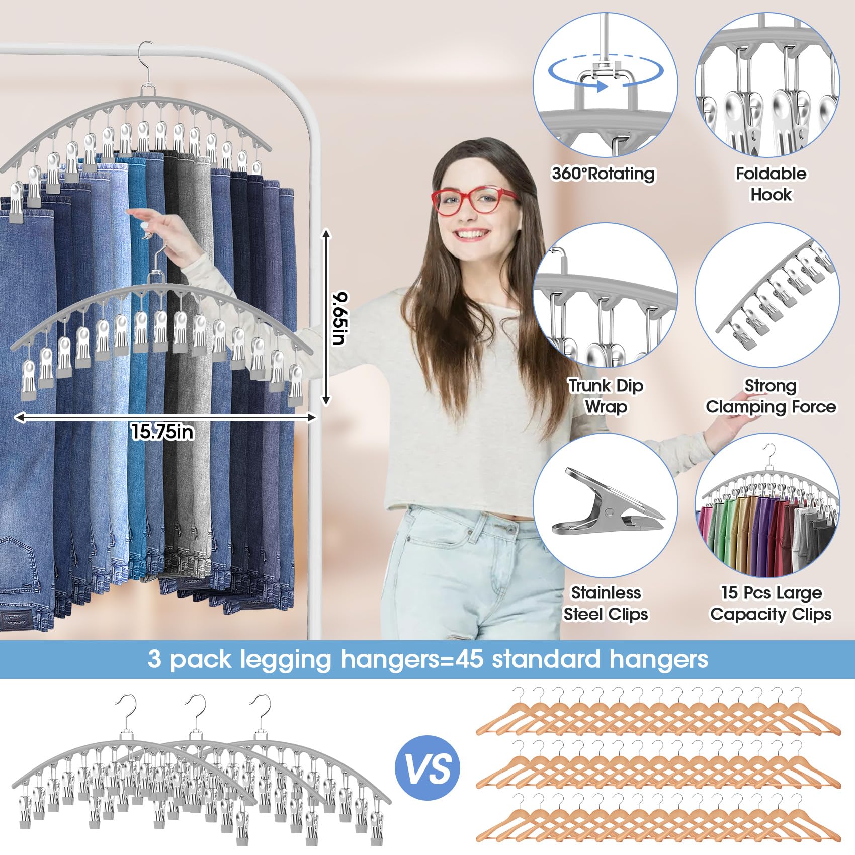 Upgrade Legging-Organizer zum Aufhängen im Schrank, Hosenbügel mit 15 Clips, für 45 Leggings/Hosen/Shorts/Jeans/Röcke, Legging-Kleiderbügel, platzsparender Schrank-Organizer und Aufbewahrung, grau, 3