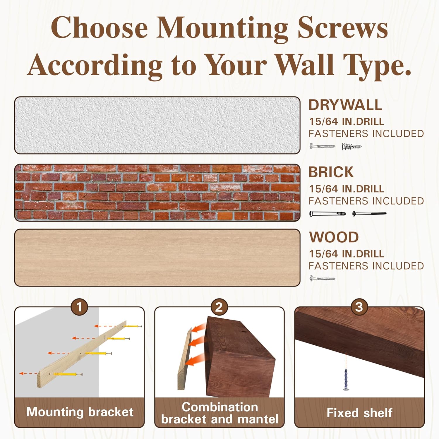 Diagram showing different wall types (drywall, brick, wood) and corresponding drill bit sizes and fasteners