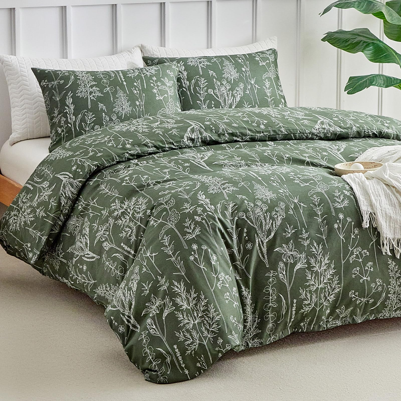 Tokokimo 4PCS Duvet Cover Sets King Size Bedding Sets, Botanical Branches Printed Grey Kingsize Duvet Cover Sets with Pillowcases and Extra Fitted Sheet, Soft Microfiber King Size Bedding Sets — view 62