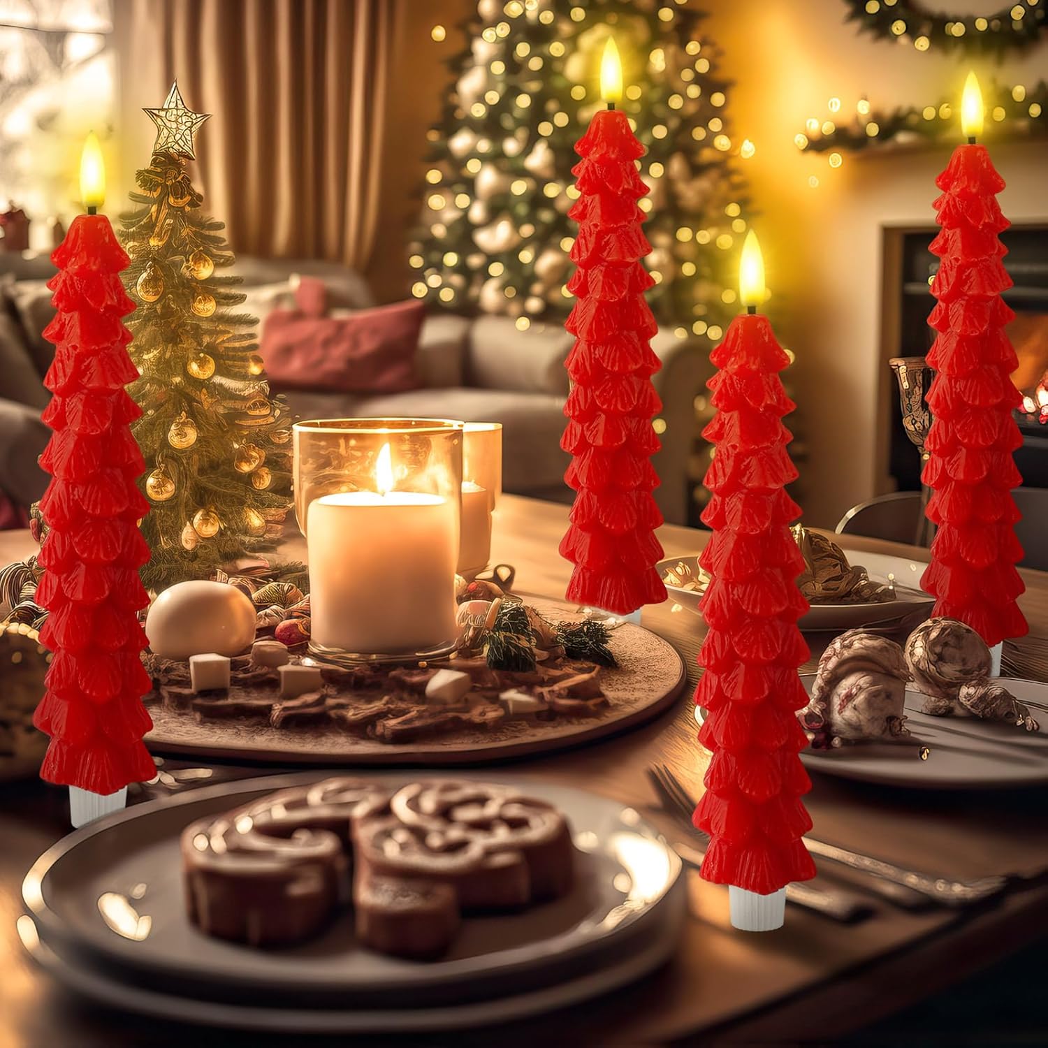 Funtery 6 Pcs LED Christmas Tree Flameless Taper Candles Real Wax Battery Operated Candlestick Lights with 3D Flame and Remote Timer Window Fireplace(Red,Christmas Tree)