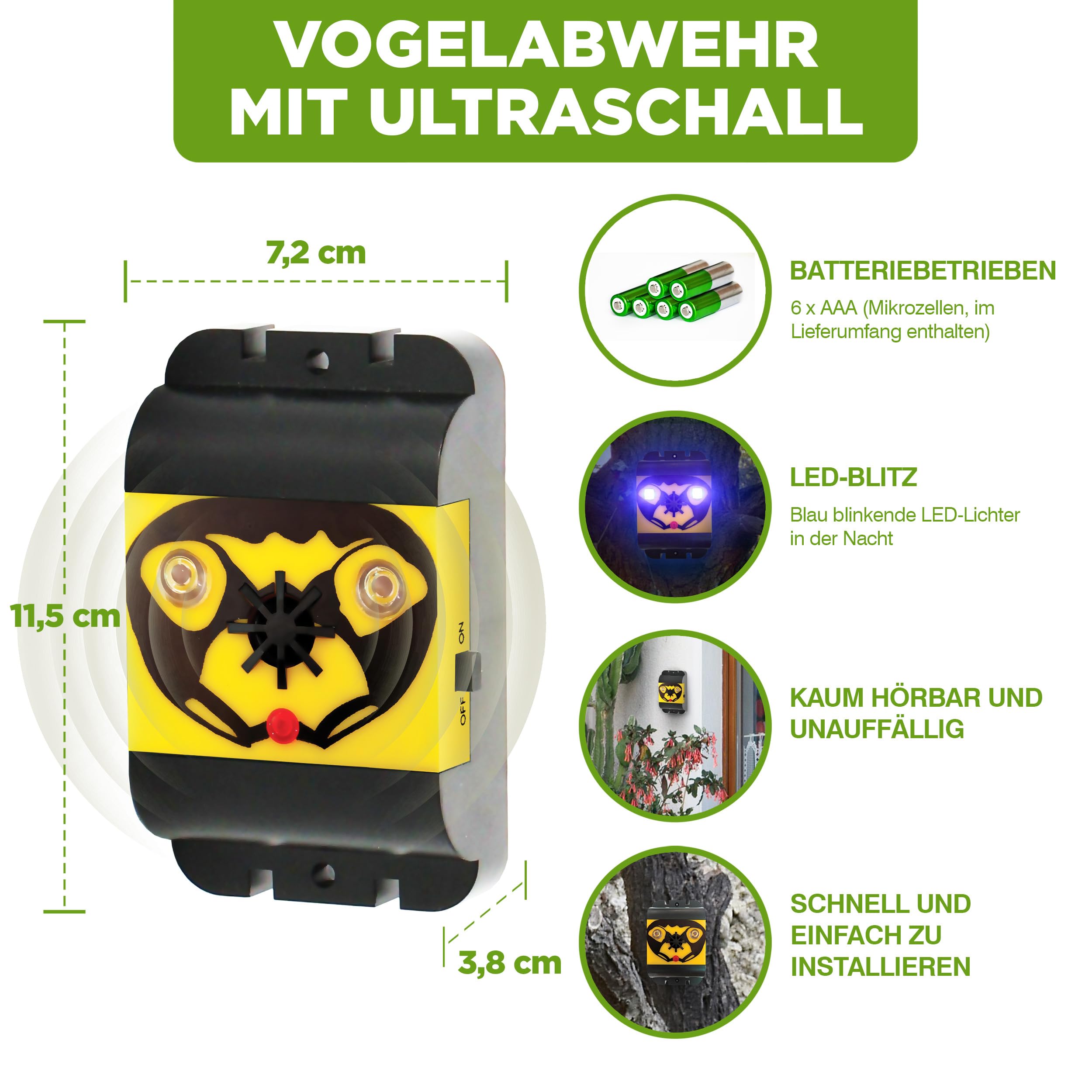 ISOTRONIC Vogelabwehr mit Blitz & Ultraschall – batteriebetriebener Vogelschreck zur Abwehr von Vögeln & Tauben – Taubenabwehr für Balkon & Garten – Vogelvertreiber 40m² Wirkungsbereich (2 Stück)