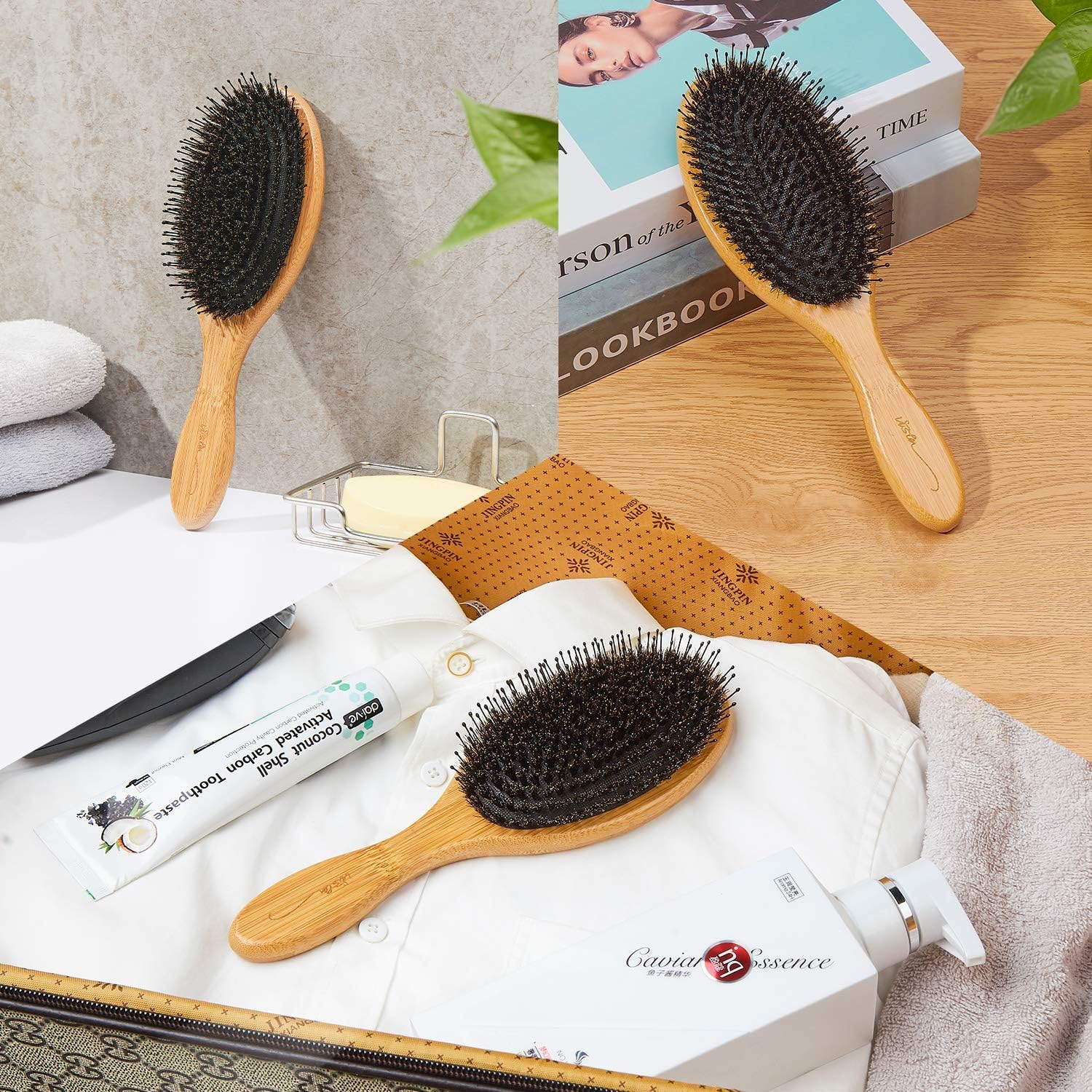 Vista Spazzola Setole Cinghiale Naturale con Manico in Bambù Spazzola per Capelli Professionale e Pettine Capelli a Coda di Metallo per Capelli di Spessore Normale o Medio