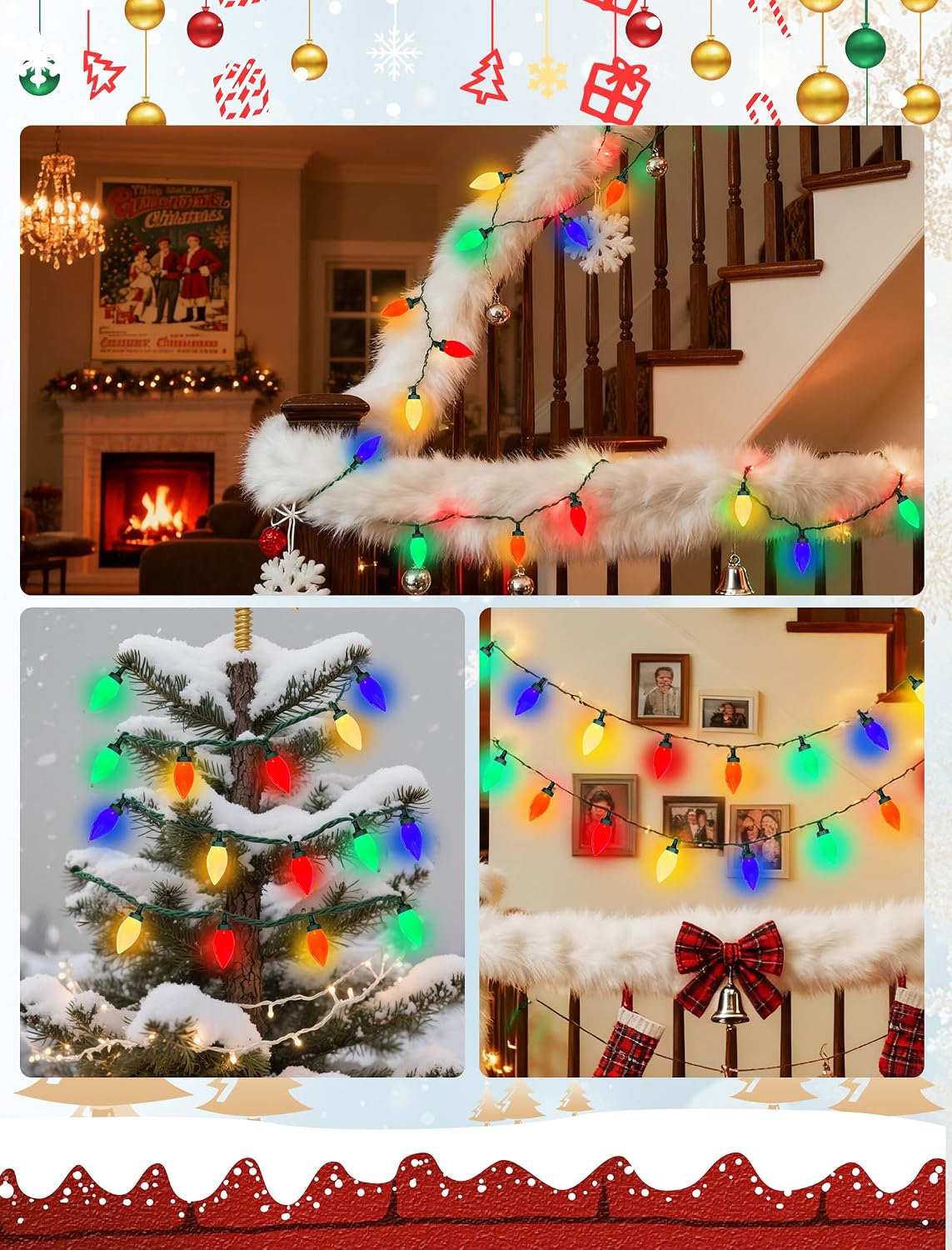 26FT C9 Christmas String Lights, Outdoor Christmas Decorations Lights with 50 LED C9 Multicolor Opaque Bulbs Waterproof, Hanging Patio Light for Christmas Tree Patio Roofline Garden Party Holiday