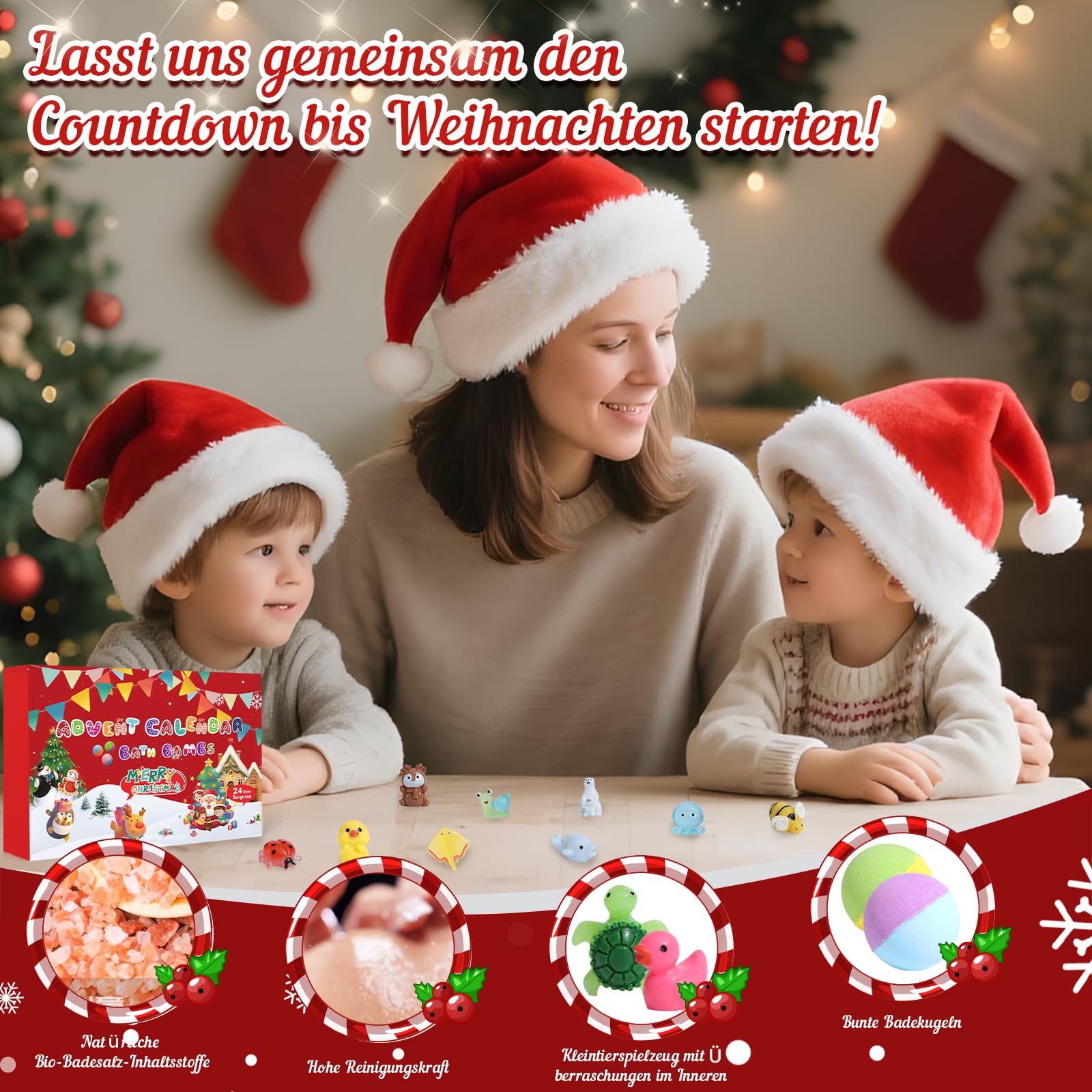 Calendario de Adviento 2025 Bomba de baño para niños, bombas de baño de Navidad para niños con 24 animales sorpresa, bombas de baño de espuma naturales y orgánicas hechas a mano, regalo de Navidad