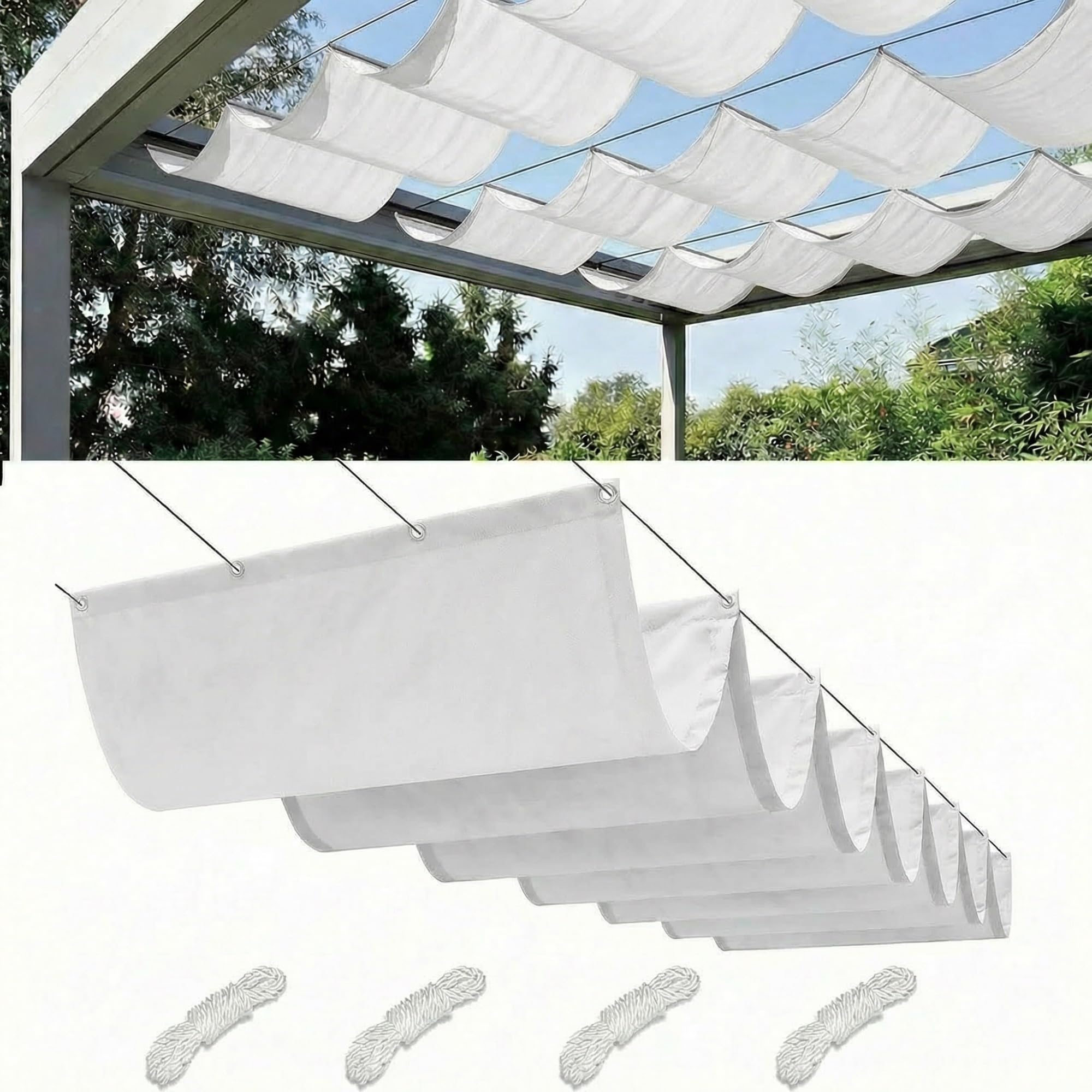 Retractable Wave Sun Shade Sail Waterproof Pergola Cover 95% UV Protection Outdoor Awning Canopy with Ropes for Patio Garden Deck Porch BBQ Shelter Privacy Screen Summer(Pure White,1.5x3M(L x W))