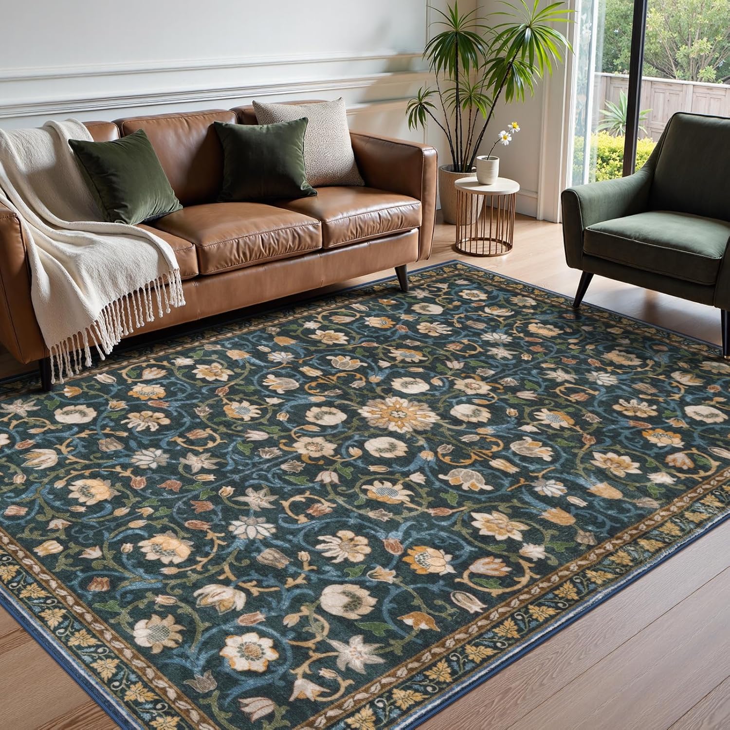 Anidaroel Floral Living Room Rugs 8x10, Washable Large Area Rug for Dining Room Soft Boho Bedroom Rug, Vintage Dark Green Carpet Low Pile Stain Resistant Floor Carpet for Home Office