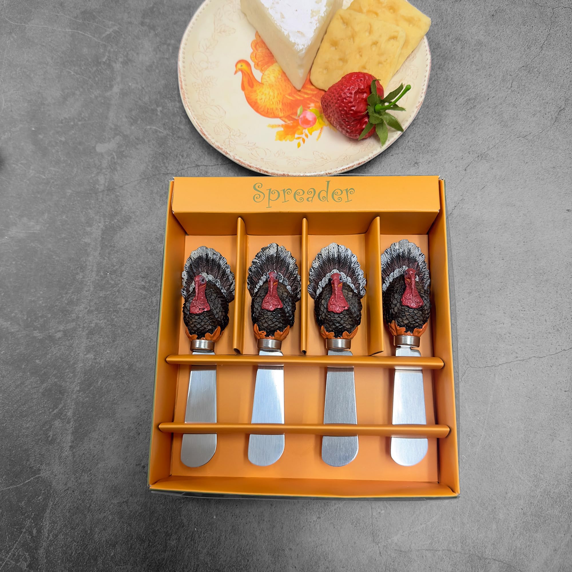 Mr. Spreader Lot de 4 couteaux à fromage en résine peinte à la main avec lame en acier inoxydable pour amateur de fromage, Thanksgiving et utilisation quotidienne