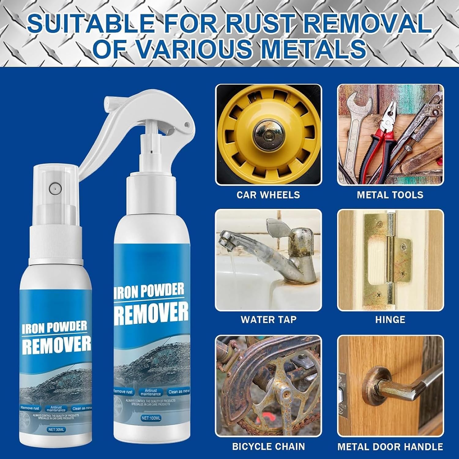 Multi-functional Quick-Acting Rust Removal Spray, Upgraded Iron Powder Remover Spray, 100ml Portable Rust Remover Sprays for Metal, Fast-Acting & Easy Sprays Application for Bikes (3)
