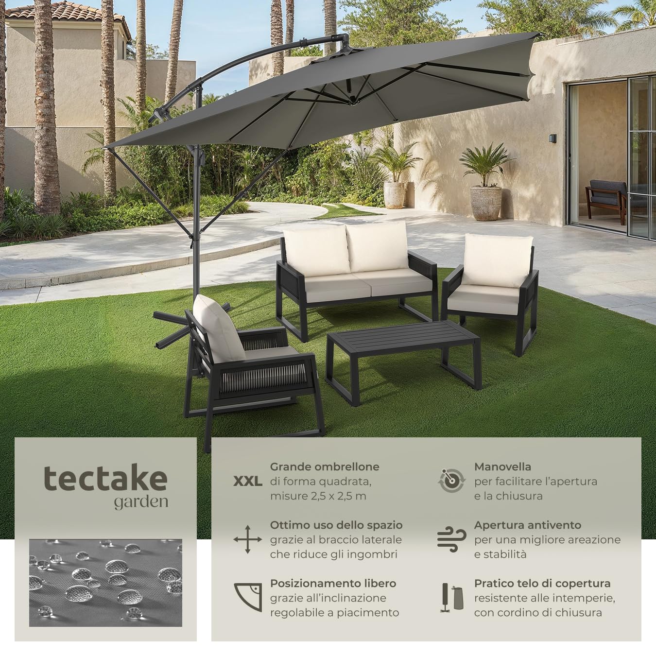 tectake® Ombrellone Apollon, 2,5x3m, Grigio Chiaro, con Manovella, Inclinazione Regolabile, Tessuto Idrorepellente, Inclusa Custodia Protettiva, Ombrellone da Giardino