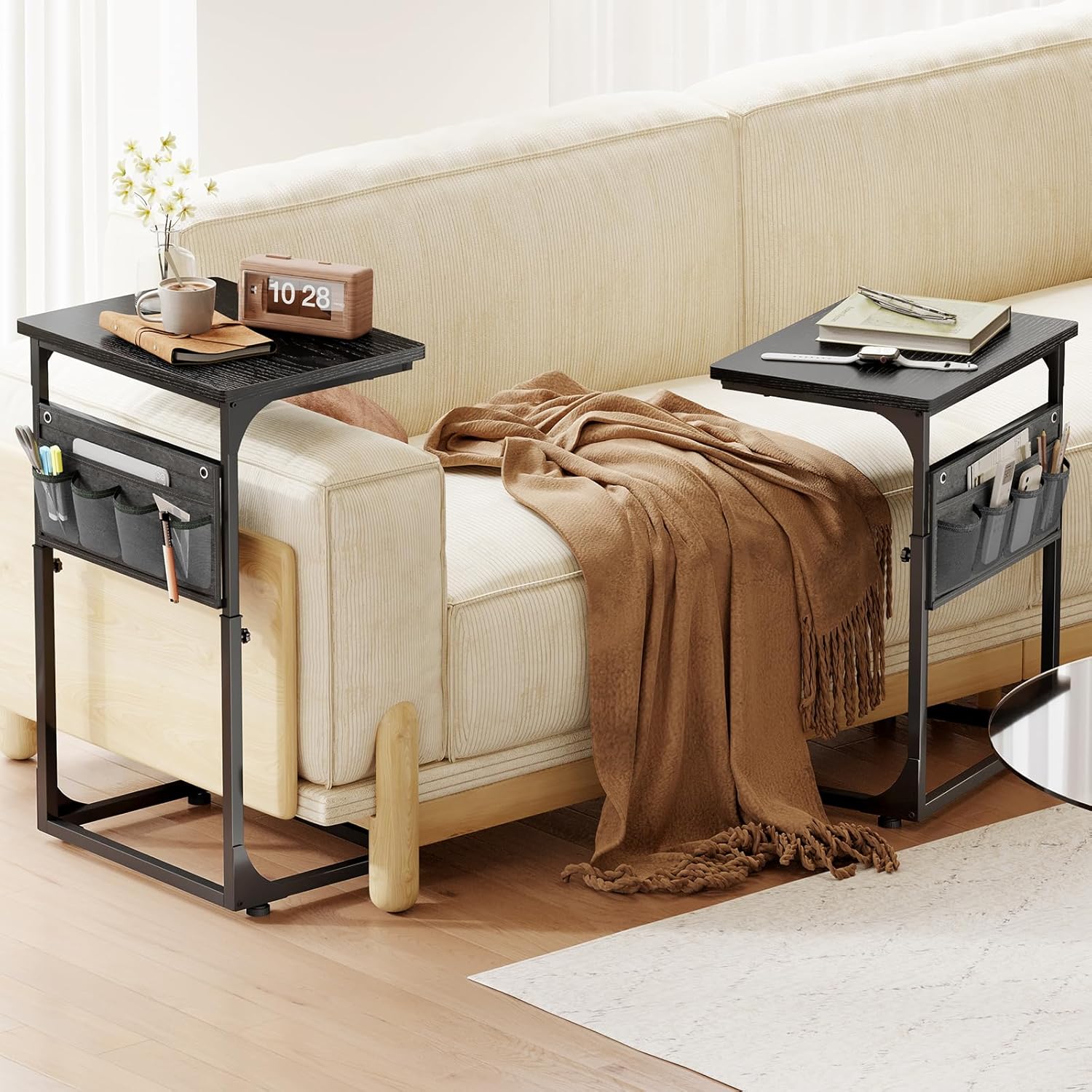 Fixwal C Shaped Side Table Adjustable Height End Table for Couch Small Sofa Table TV Tray with Storage Bag for Living Room, Bedroom & Office, Black