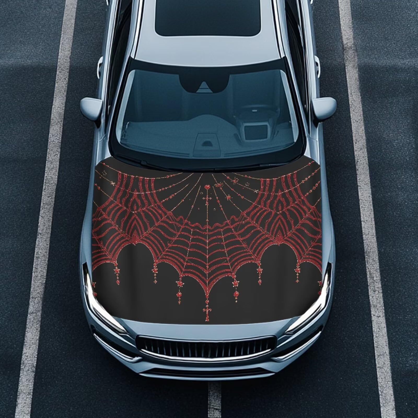 Spiderweb Car Hood Cover, Gothic Red Spider Web Stretchable Washable Automotive Exterior Accessories, Retro Cross All-Season Protection Suitable for Most SUV Sedans