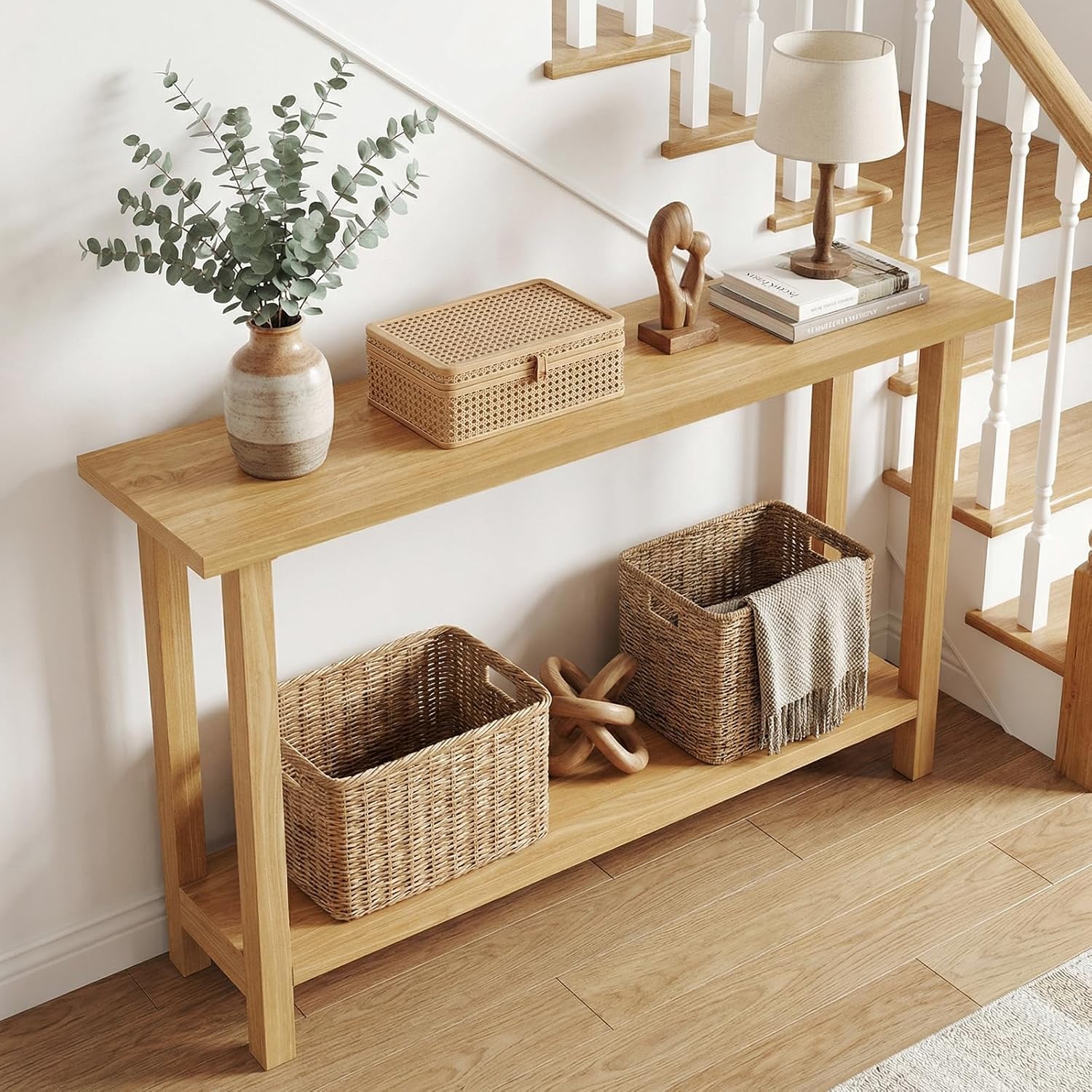 Giantex 47" Solid Wood Console Table, 2-Tier Narrow Entryway Table with Teak Wood Frame and Storage Shelf, Rustic Foyer Table, Farmhouse Sofa Table Behind Couch for Living Room (47" x 12" x 32")