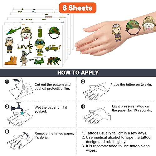 Miniatura 7 de 96 tatuajes temporales de camuflaje para niños, recuerdos de fiesta de cumpleaños con temática del ejército, lindas calcomanías para niños y niñas,