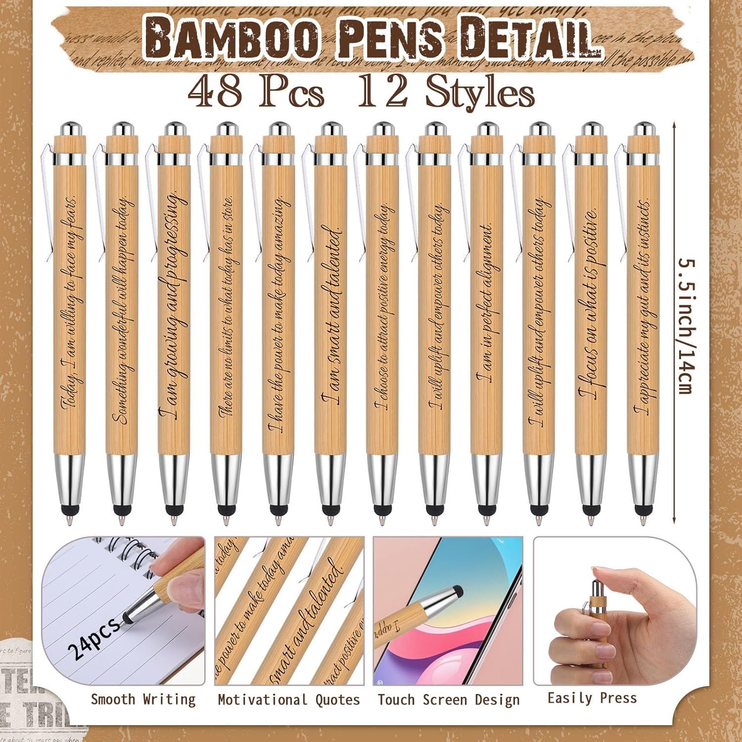 Pasimy 96 Pcs/48 Set Bulk Positive Affirmation Spiral Notebooks with Bamboo Pen Daily Affirmation Gift Set Motivational Encouragement Notepad Small Journals 5.5 x 3.9 inch for Women Self Care