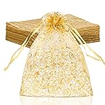 Staruby Organza Gift Bags 50 Pcs Gold Sheer Organza Bag 6x8 Inch Mesh Favor Bags Drawstring Jewelry Rattan Printed Gift Pouches for Wedding Party Favors Couple Shower Christmas Gifts Candy Bags
