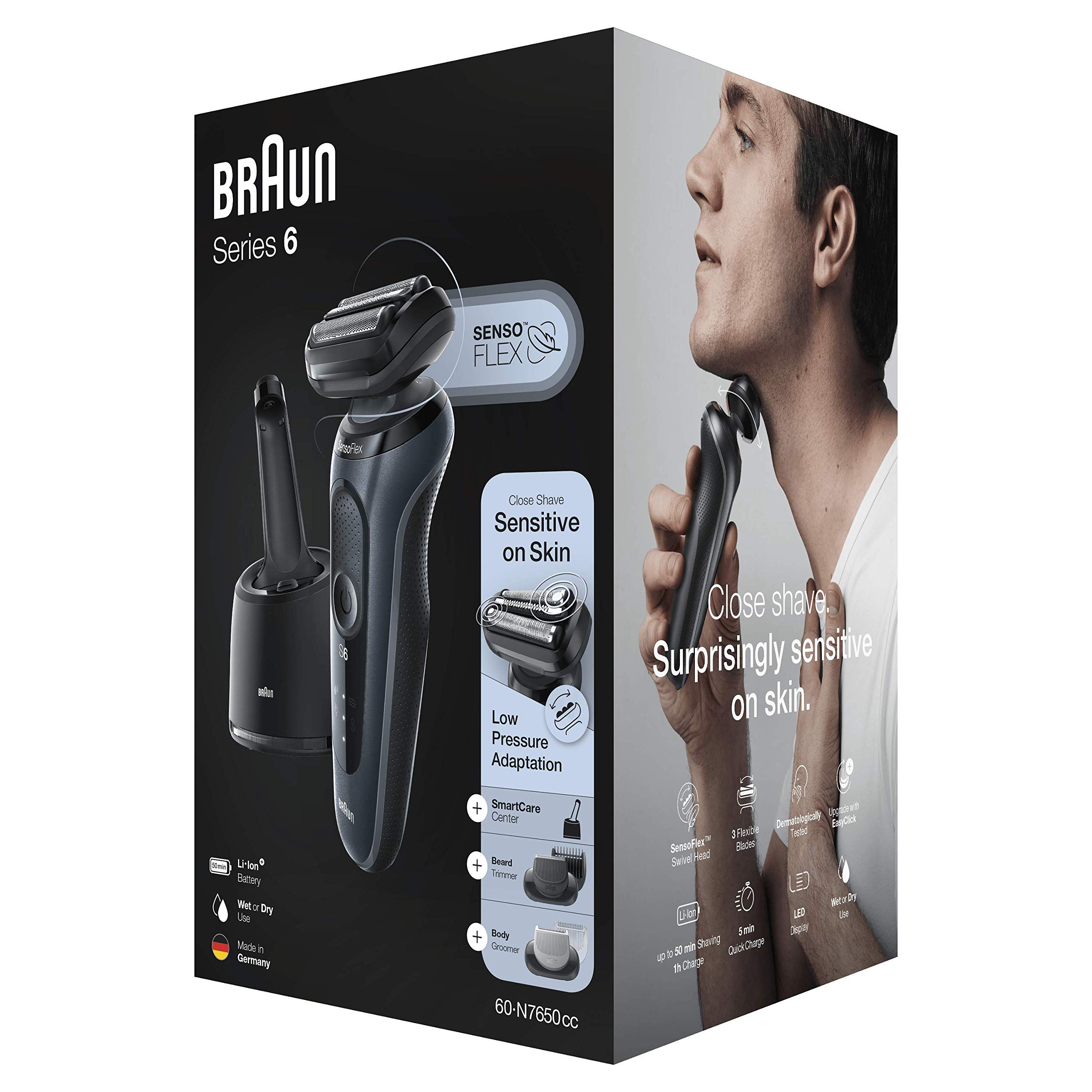 Braun Series 6 60-N7650cc Afeitadora Eléctrica Hombre de Lámina para Barba, con Centro de Limpieza SmartCare, Recortadora Barba, Depiladora Corporal, Uso en Seco y Mojado, Recargable, Inalámbrica,Gris