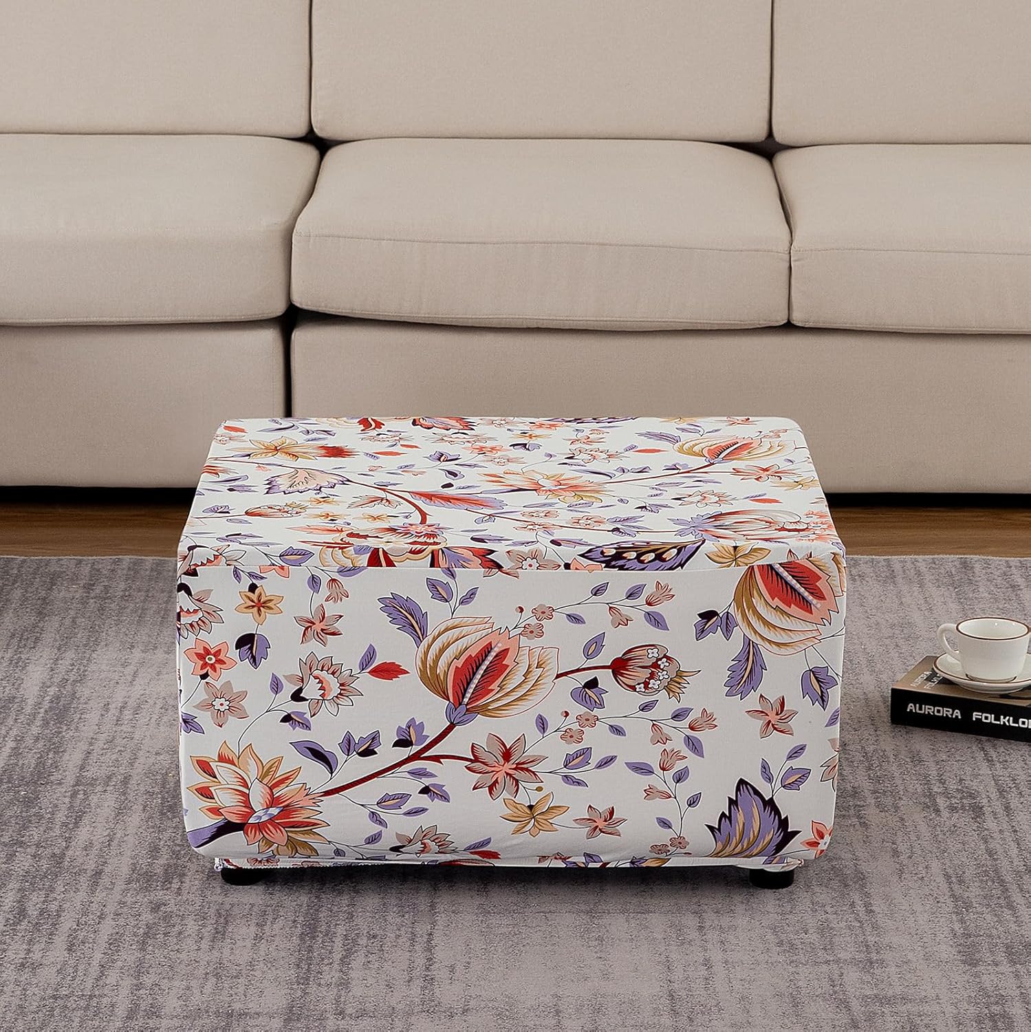 Ottoman Cover Rectangle, 1 Piece Ottoman Slipcovers Printed Spandex Ottoman Covers Slipcover Washable Footrest Stool Covers for Dogs Cats-Q-X-Large