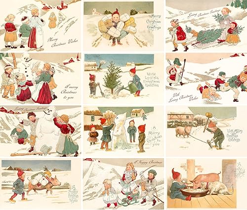 Miniatura 8 de PIXILUV SNOWY CHRISTMAS Tarjetas de felicitación 12 tarjetas grandes  Navidad blanca nevada con familia  Reimpresión de postales navideñas vintage