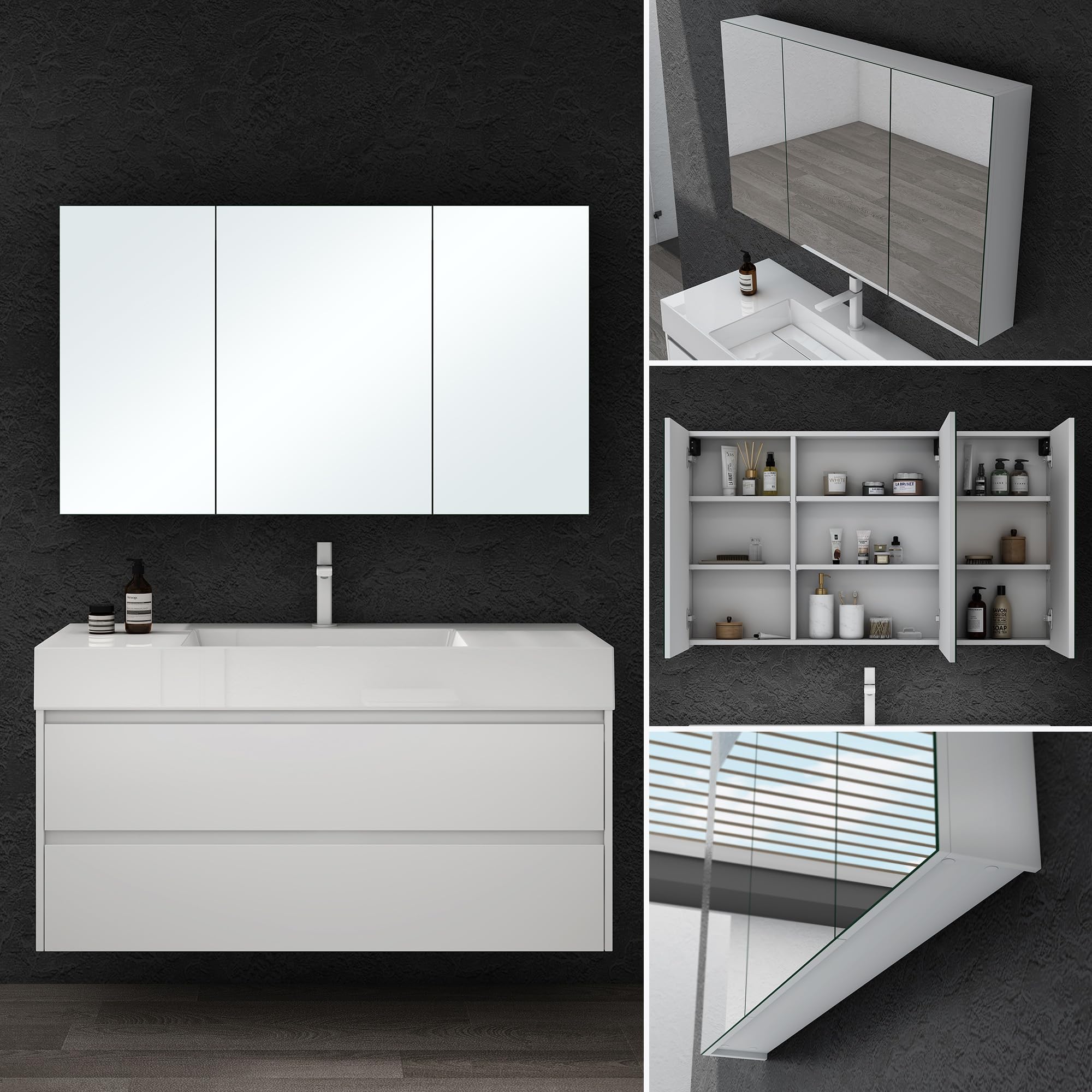 doporro Armadietto a Specchio 120x15x70cm, Specchio da Parete con 3 Ante in Legno Bianco Opaco Spiegelschrank 02