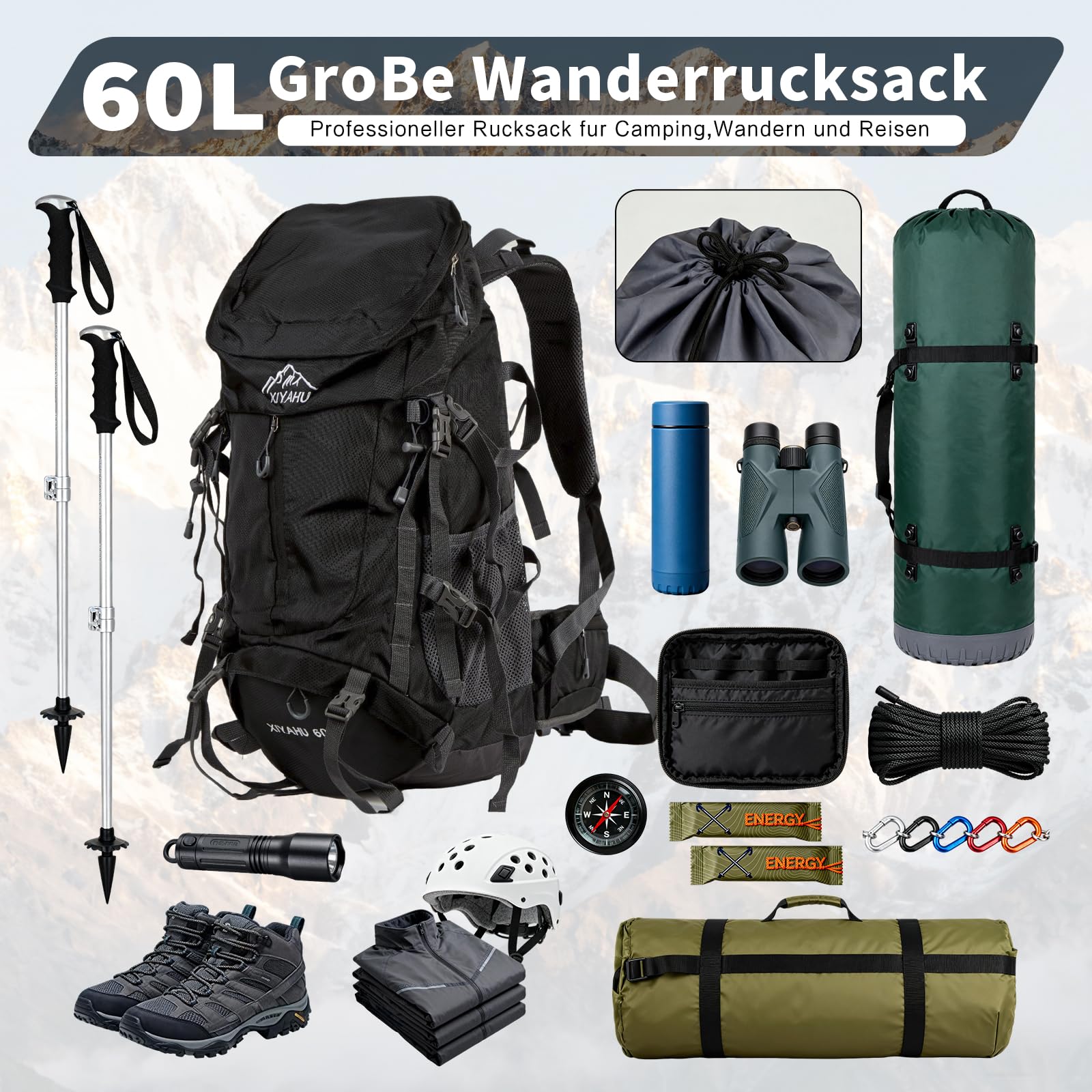 Wanderrucksack 60L Wasserdicht mit Regenhülle – Trekkingrucksack mit Tragesystem, Trinksystem-Kompatibilität, Schuhfach, Leicht & Ergonomisch für Camping, Wandern & Mehrtagestouren (Schwarz)