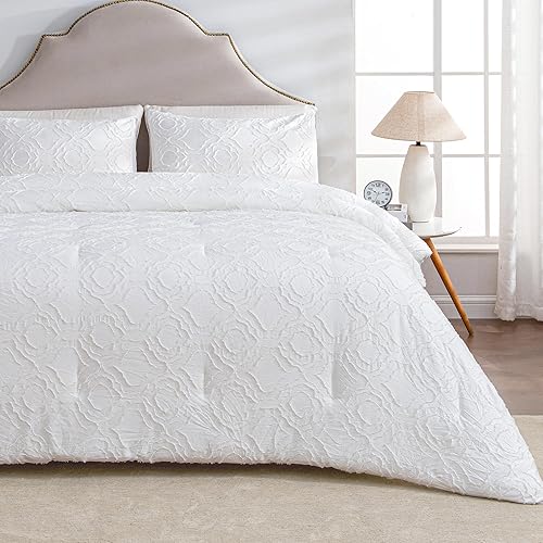 Miniatura 2 de Andency - Juego de edredón con tul color blanco boho, tamaño matrimonial (79 x 90 pulgadas), 3 piezas, cama de estilo rústico floral texturizada,