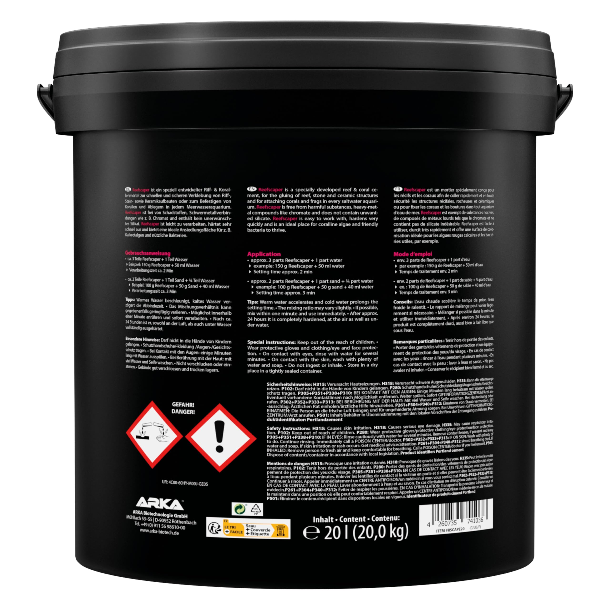 ARKA Reefscaper -Mortier récifal professionnel idéal pour fixer de manière stable les coraux et les structures récifales dans les aquariums d'eau de mer, facile à utiliser