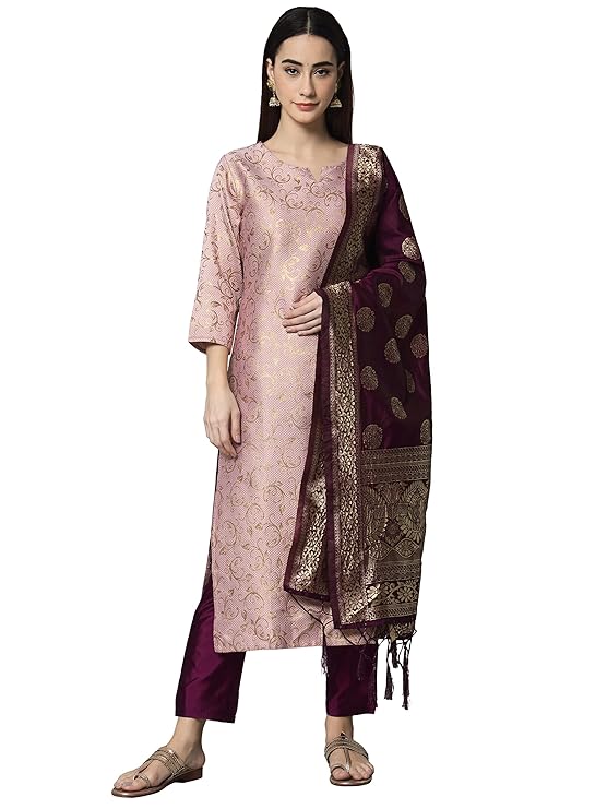 VredeVogel Women’s Cotton Silk Jacquard Kurta Pant Set with Banarasi Woven Self Designed Dupatta