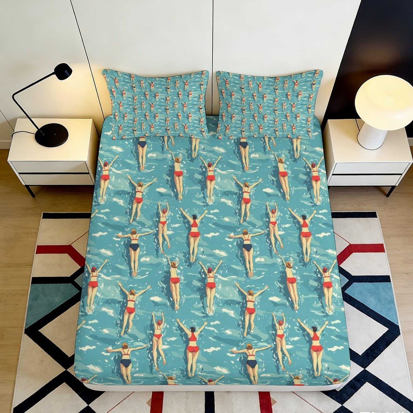 3D Printed Beach Swimmers Fitted Sheet Microfiber Non-Slip Deep Pocket Bedroom Bedding Beach Mattress Fitted Cover Washable 200x200x25cm