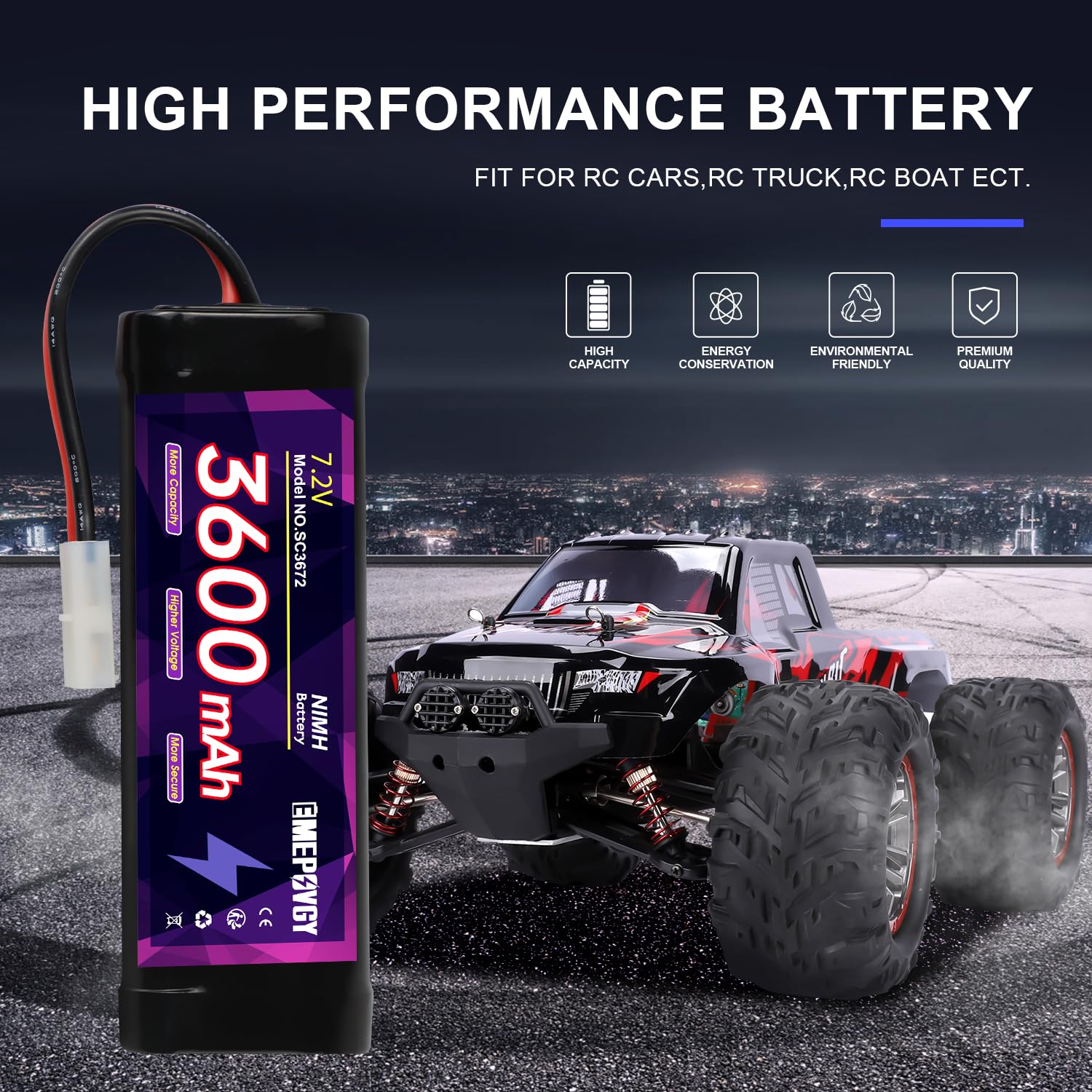Batería recargable NiMH de 7.2 V RC de 3600 mAh de capacidad, batería plana de 6 celdas con enchufe TMY (2 paquetes)