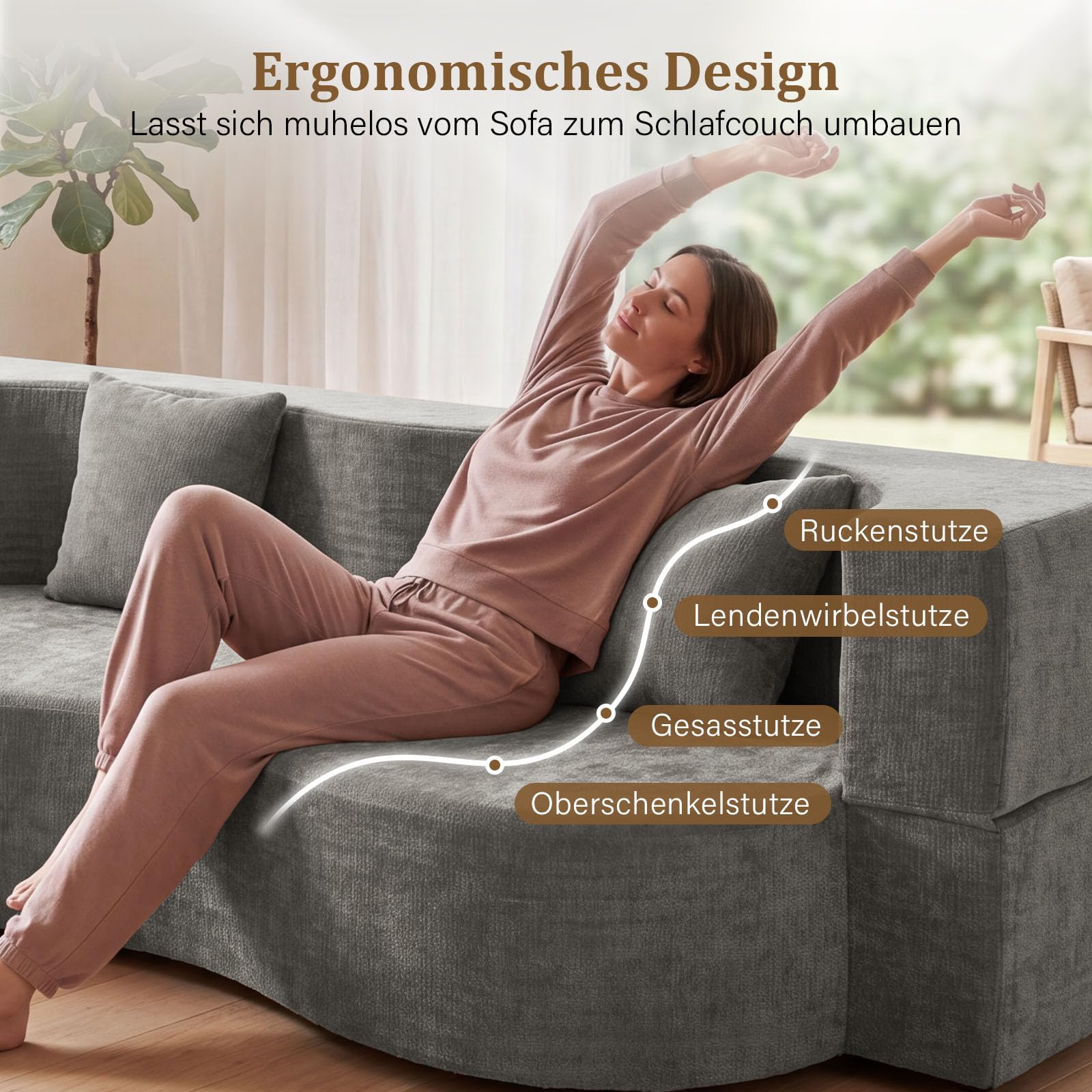 Faltbares 3-Sitzer Gästebett & Schlafsofa, 200 cm breites XXL Bett in Grau – Bequeme Klappcouch für Wohnzimmer, Schlafzimmer als Lounge oder Gästebett