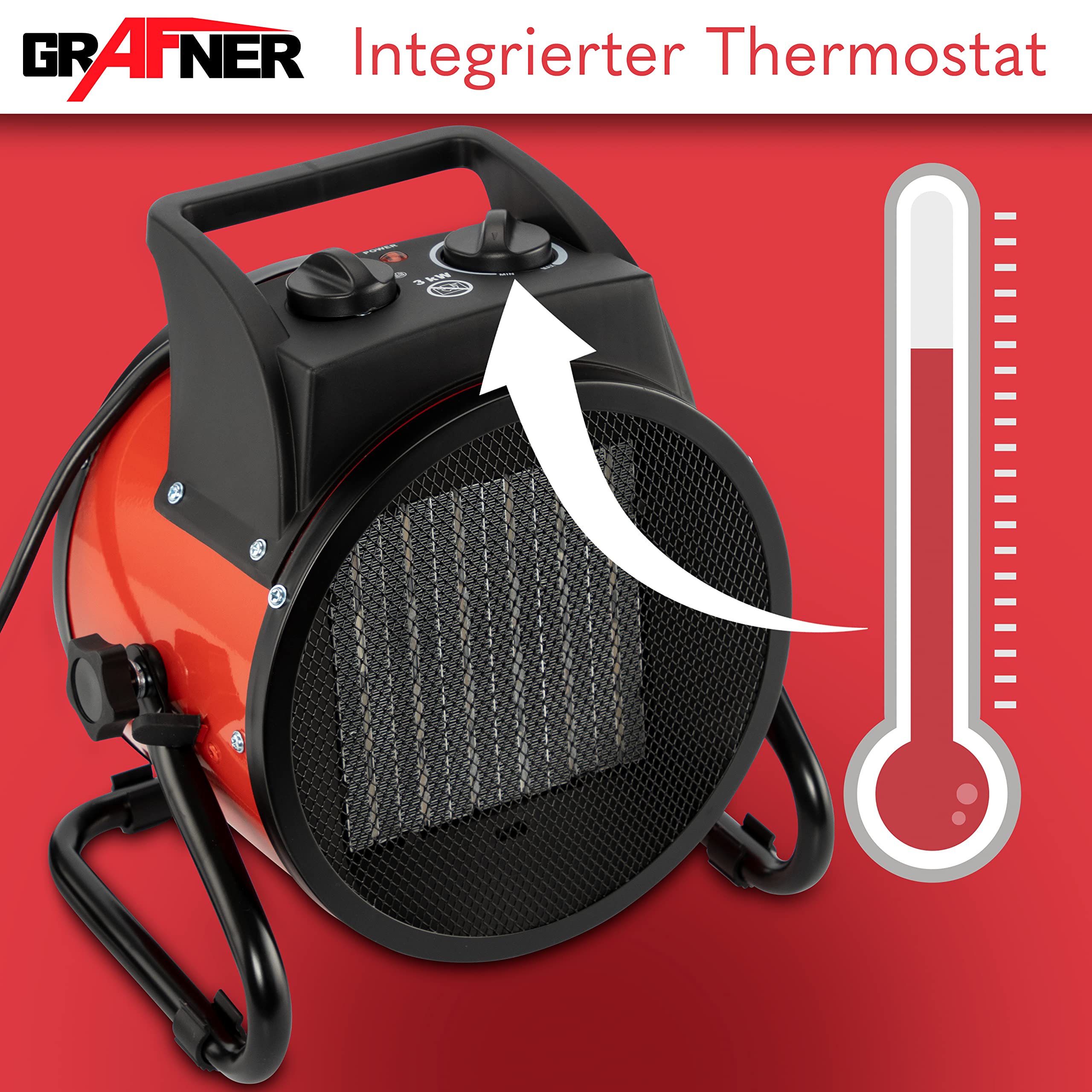 Grafner Keramik Heizlüfter mit 3000 Watt 3KW, 3 Heizstufen, automatischer Thermostat, kraftvoller Turbo Heizer, PTC-Element, Überhitzungsschutz, Bauheizer elektrisch, Elektroheizung, Zeltheizung