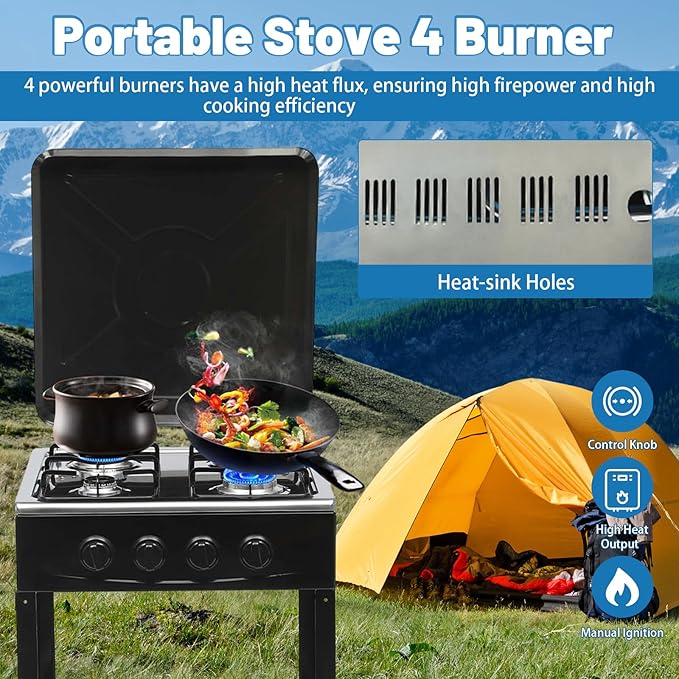 Estufa Portátil 4 Puestos a Gas con Rack de Almacenamiento y Cubierta Antiviento miniatura 5