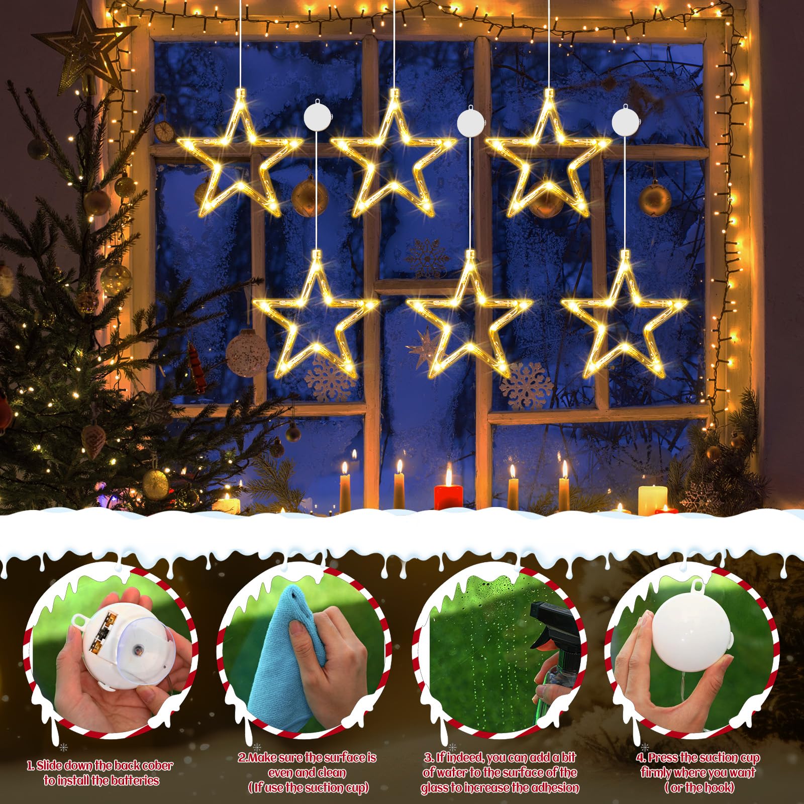 Tujoe 12 Stück Weihnachts-Fensterlichter, Dekorationen, beleuchtete Fenster-Silhouetten-Lichter mit Timer, Saugnapf, batteriebetrieben für Weihnachten, Urlaub, Neujahr, Innen- und Außenbereich