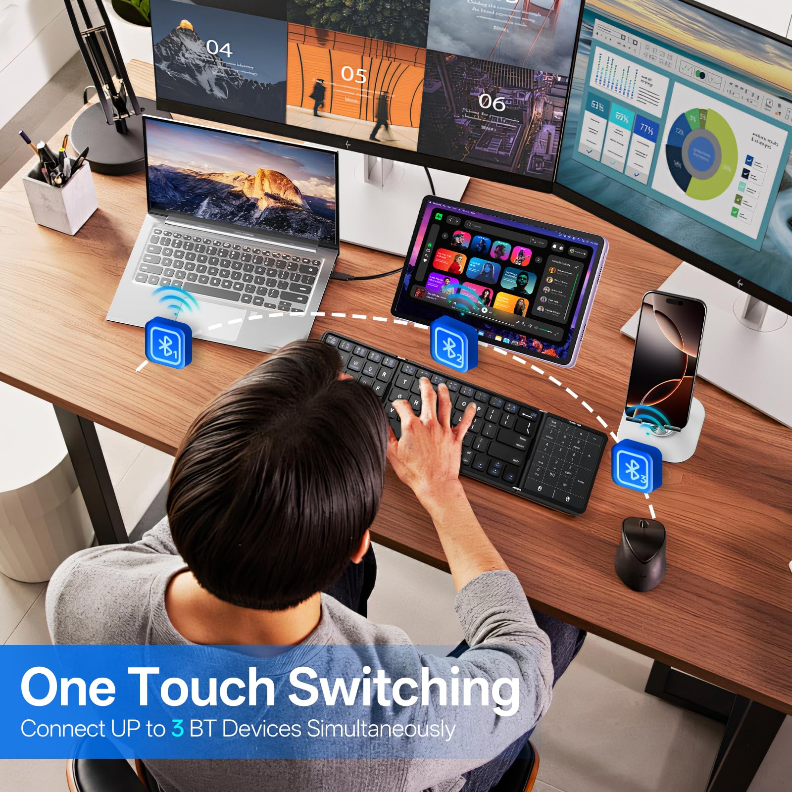 Tastiera Pieghevole con touchpad, Mini Tastiera Wireless Bluetooth Silenziosa con tastierino numerico, Tastiera Portatile Ricaricabile per Android, Windows e iOS telefoni, QWERTY