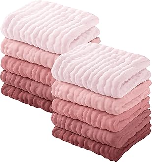 Yoofoss Muslin Baby Washcloths 100% Organic Cotton Face Towels 10 Pack Wash Cloths for Baby 12x12in Soft and Absorbent Baby Wipes (Gradient Pink)