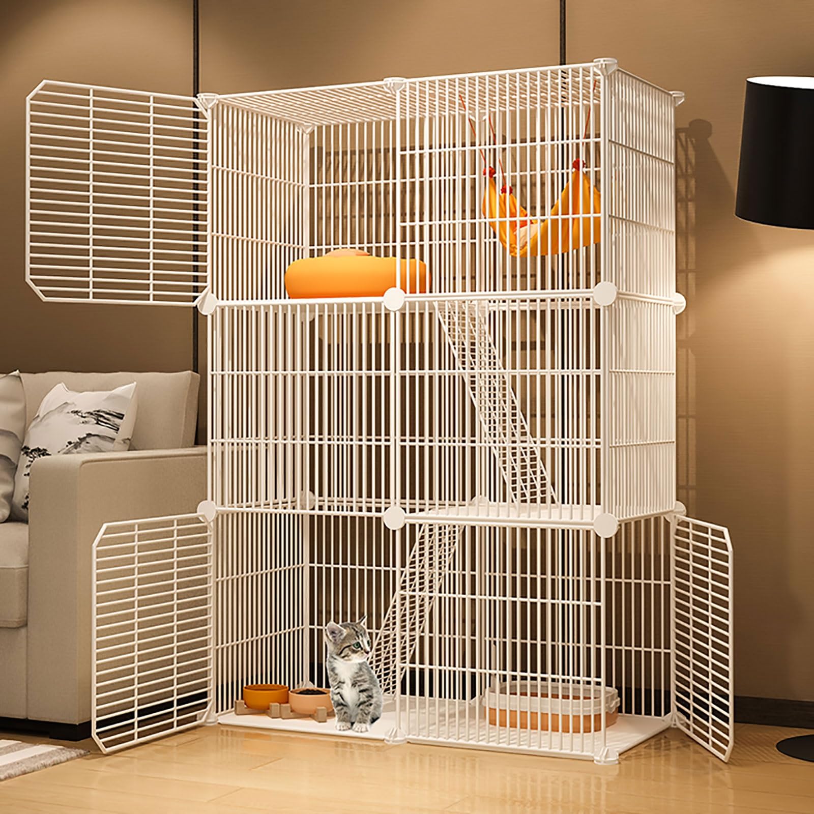 asdchZen Cat Cages Indoor,Large Cat Crate Diy Pet Playpen Cat House Kitten Pen Detachable Extra Cattery,Large Exercise Place Ideal For Cat,Black/White,White-75x37x109cm