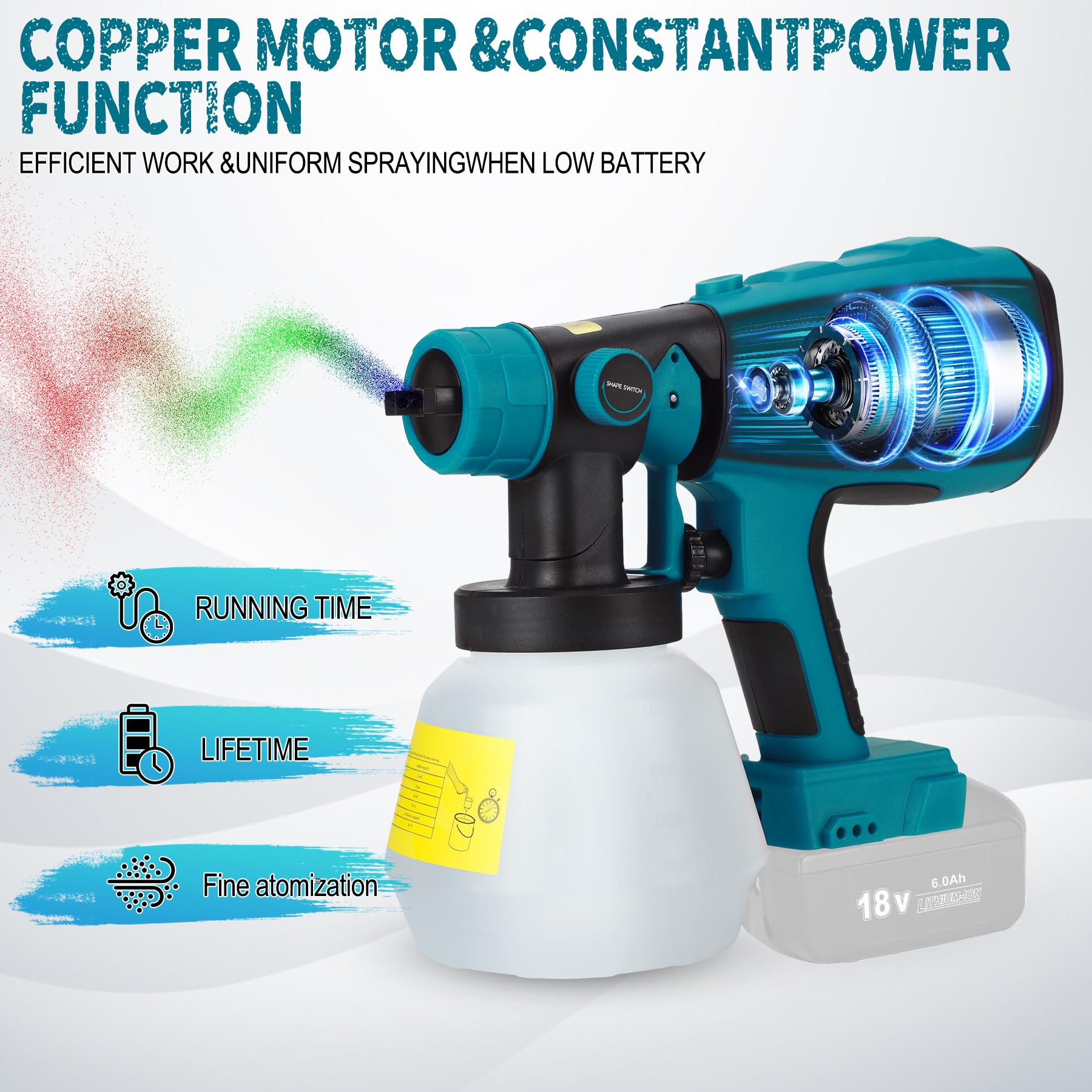 VAYALT Pistola de Pintura, Pistola Pintura Electrica con Contenedor de 1200ml, 4 Boquillas de Latón, Flujo y áNgulo de Rociado Ajustables, Sistema De PulverizacióN De Pintura (Sin BateríA)