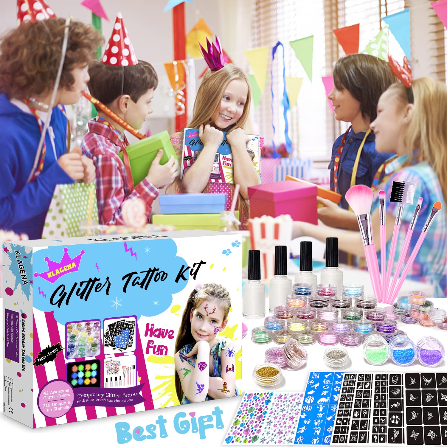 Set Tatuaggi Glitter Per Bambini 66 Pezzi – 30 Colori, 7 Stencil, Adesivi E Pennelli