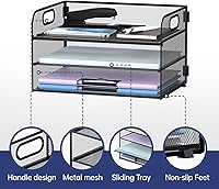 Vista 3 de Supeasy 3 Tier Paper Organizer with Handle, Mesh Desk Organizer Letter Tray, Paper Tray File Organizer for A4 File Folder, Black