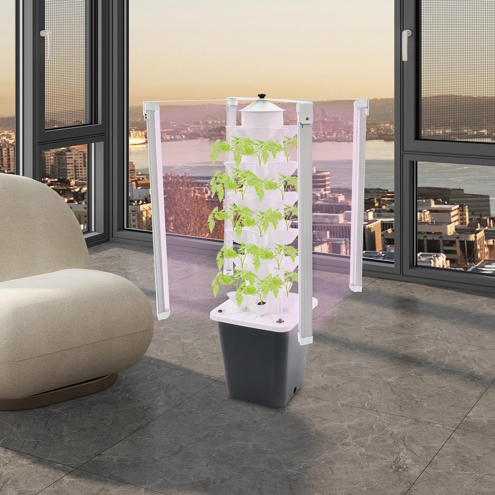 Kit de cultivo hidropónico para torre de 6 pisos, 30 agujeros, sistema de cultivo sin tierra, torre hidropónica vertical con luz LED y depósito de agua, torre de plantación hidropónica para