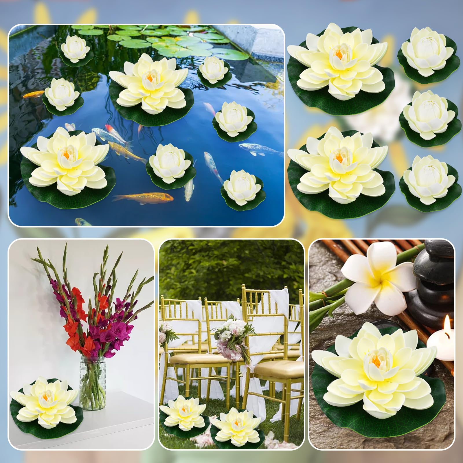 5 Fiori Galleggianti per Laghetti, Fiori di Loto Galleggianti 10 cm e 18 cm Ninfee Artificiali Bianche in Schiuma Eva per Decorazione Acquario Terrazza Giardino Piscina