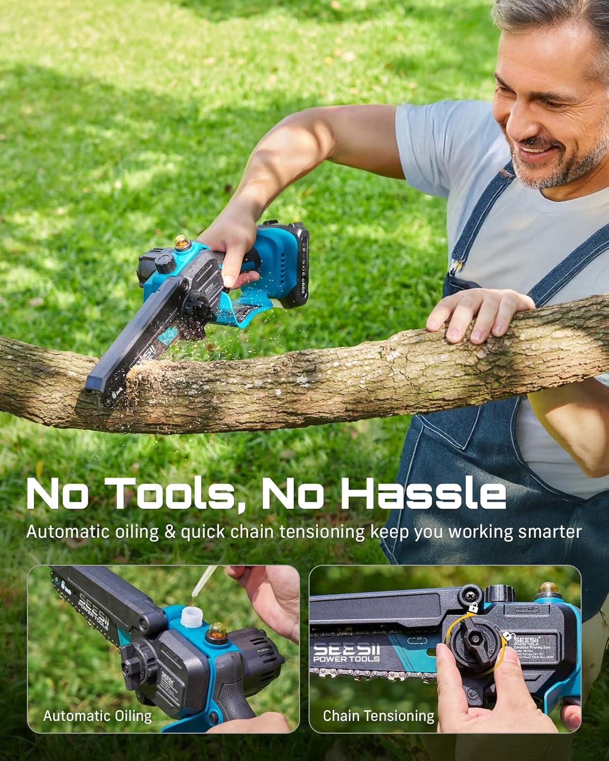 SEESII 2-in-1 Electric Pole Saws for Tree Trimming, 6 Inch Mini Chainsaw Cordless with Extension Pole, Battery Powered Pole Chain Saw, Tree Trimmer Limb Branch Cutter Pruner with 2 Battery PS600 - Image 9